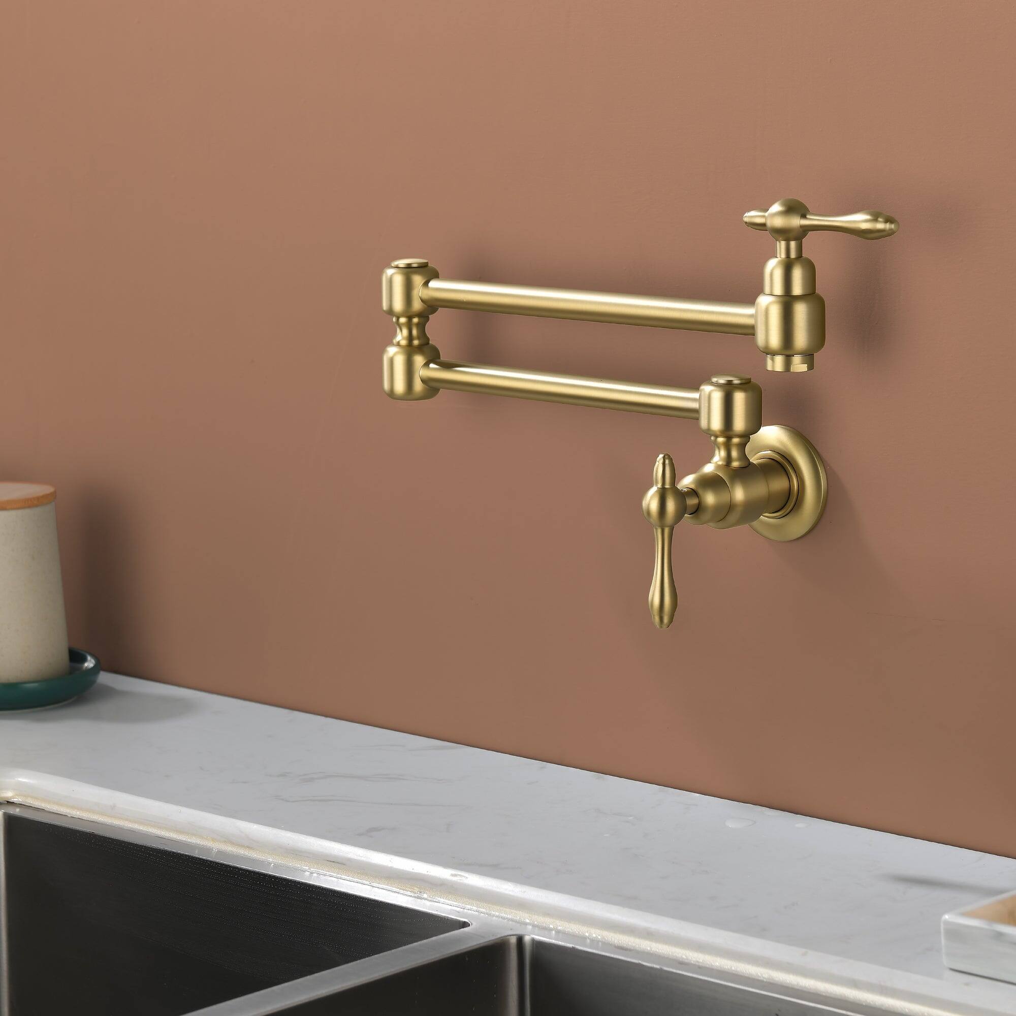 Angle. Boyel Living - Brushed Gold Wall Mounted Double Handle Pot Filler 1.8 GPM with Ceramic Cartridge and Mounting Hardware - Brushed Gold.