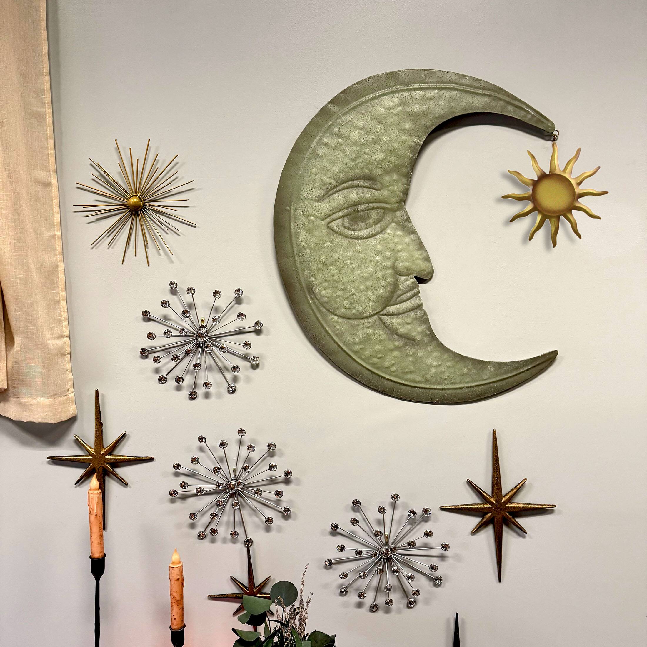Alt View 3. Zeckos - Weathered Verdigris Green Finish Metal Crescent Moon Wall Hanging W/ Sun Dangler - Green.