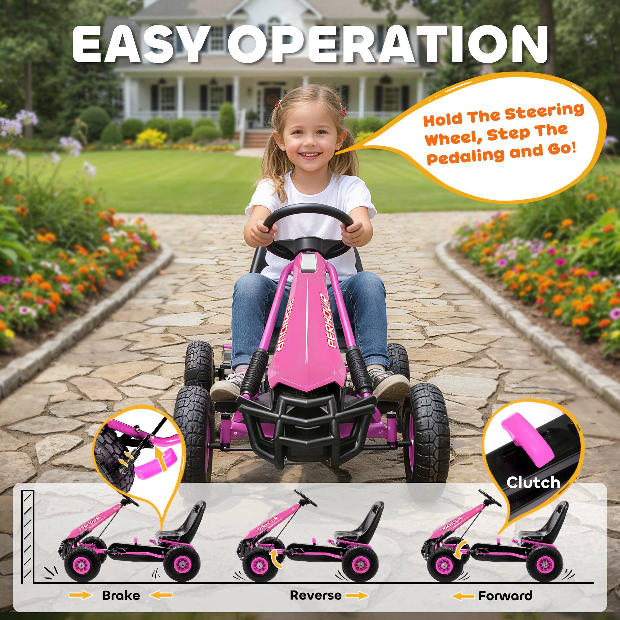 EASY OPERATION  
Hold The Steering Wheel, Step The Pedaling and Go!  
Clutch  
Brake  
Reverse  
Forward