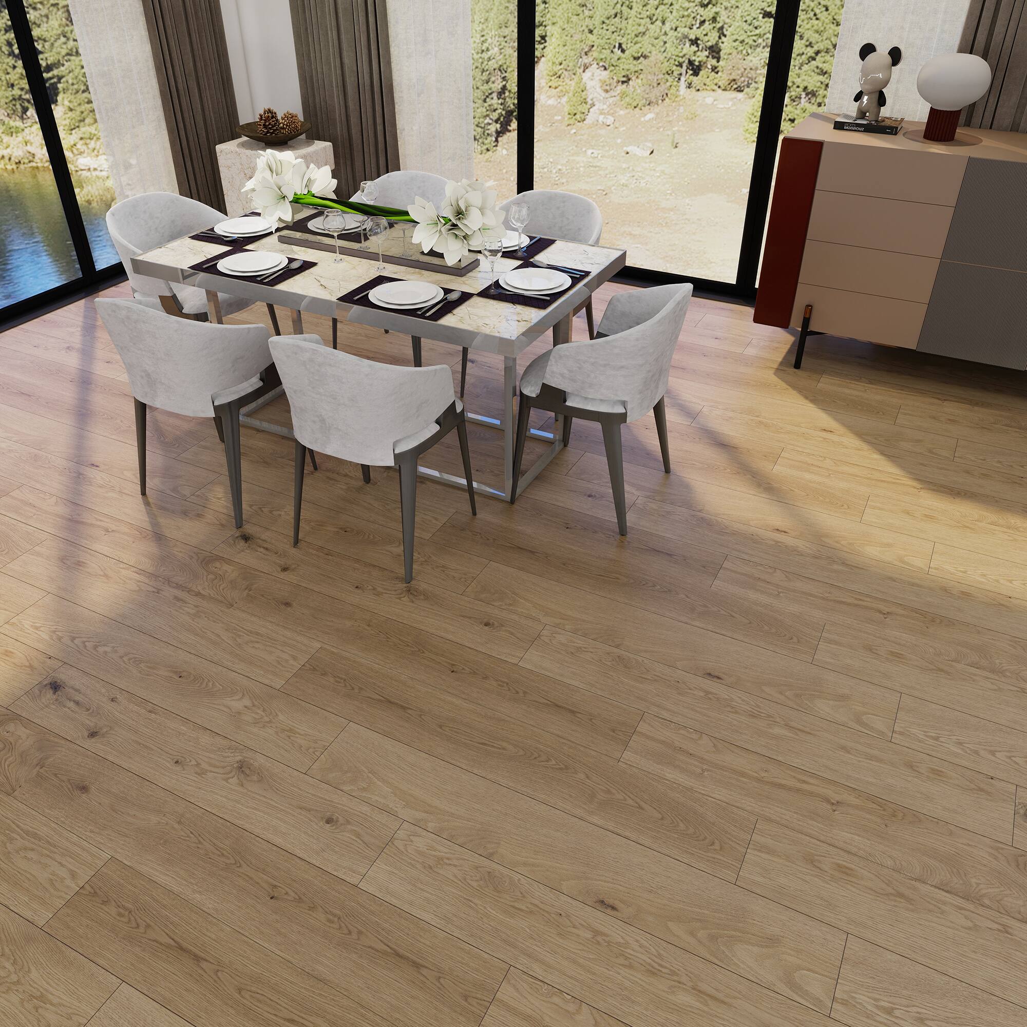 Left. Dotfloor - Superoak SEKET Laminate Flooring - 48"x7.7" Planks, 8 Planks/Box (20.56 sq ft/Box), 12mm Thick, AC4 Wear Rating - Plain Driftwood.