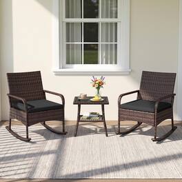 Costway - 3PCS PE Wicker Rocking Bistro Set with 2-Tier Side Table, Cushions & Armchairs - Mix Brown+Black
