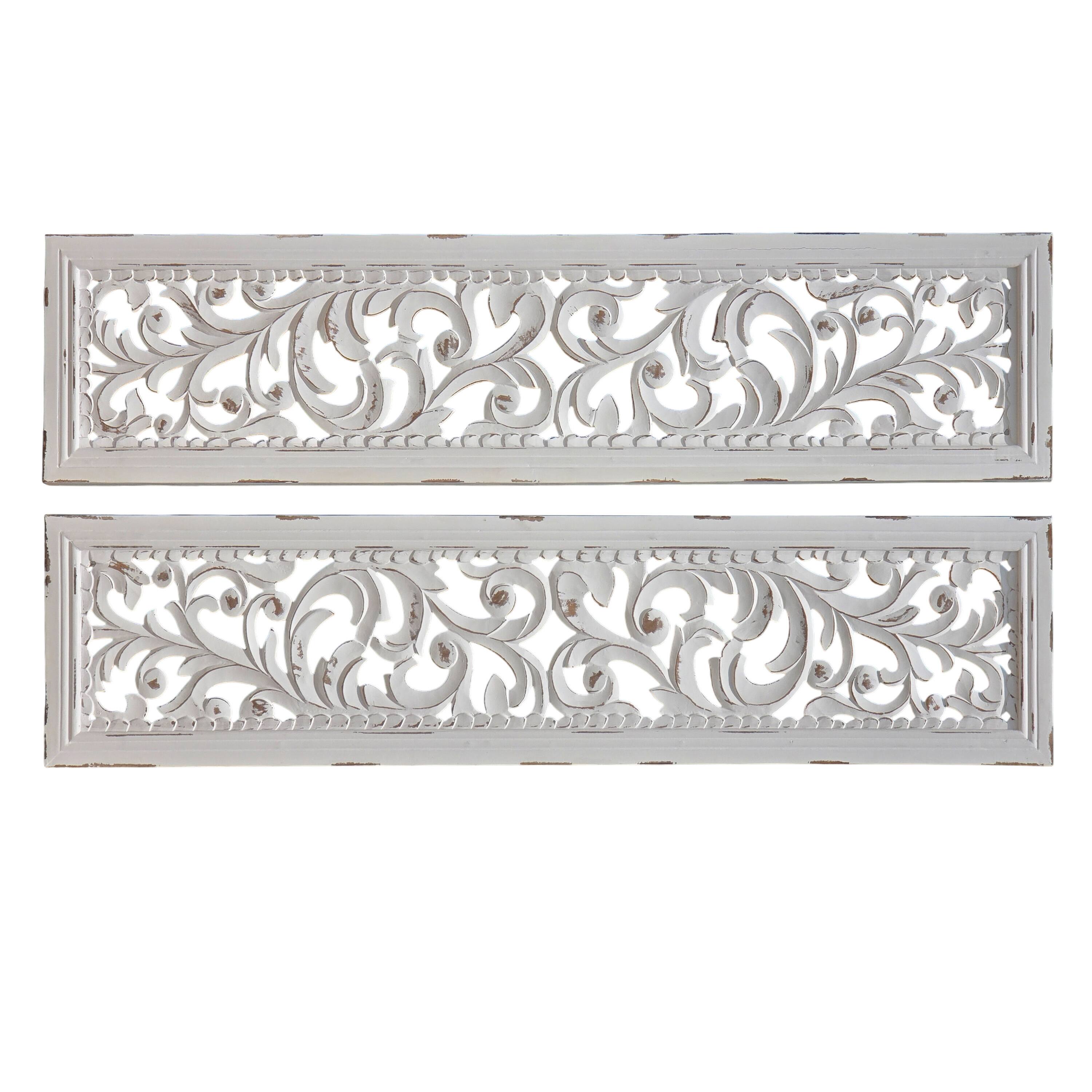 Alt View 1. Manhattan Lane - Ozy Carved Wall Art Panel Set of 2, Handcrafted Distressed White Mango Wood, 50 Inch Tall - White.