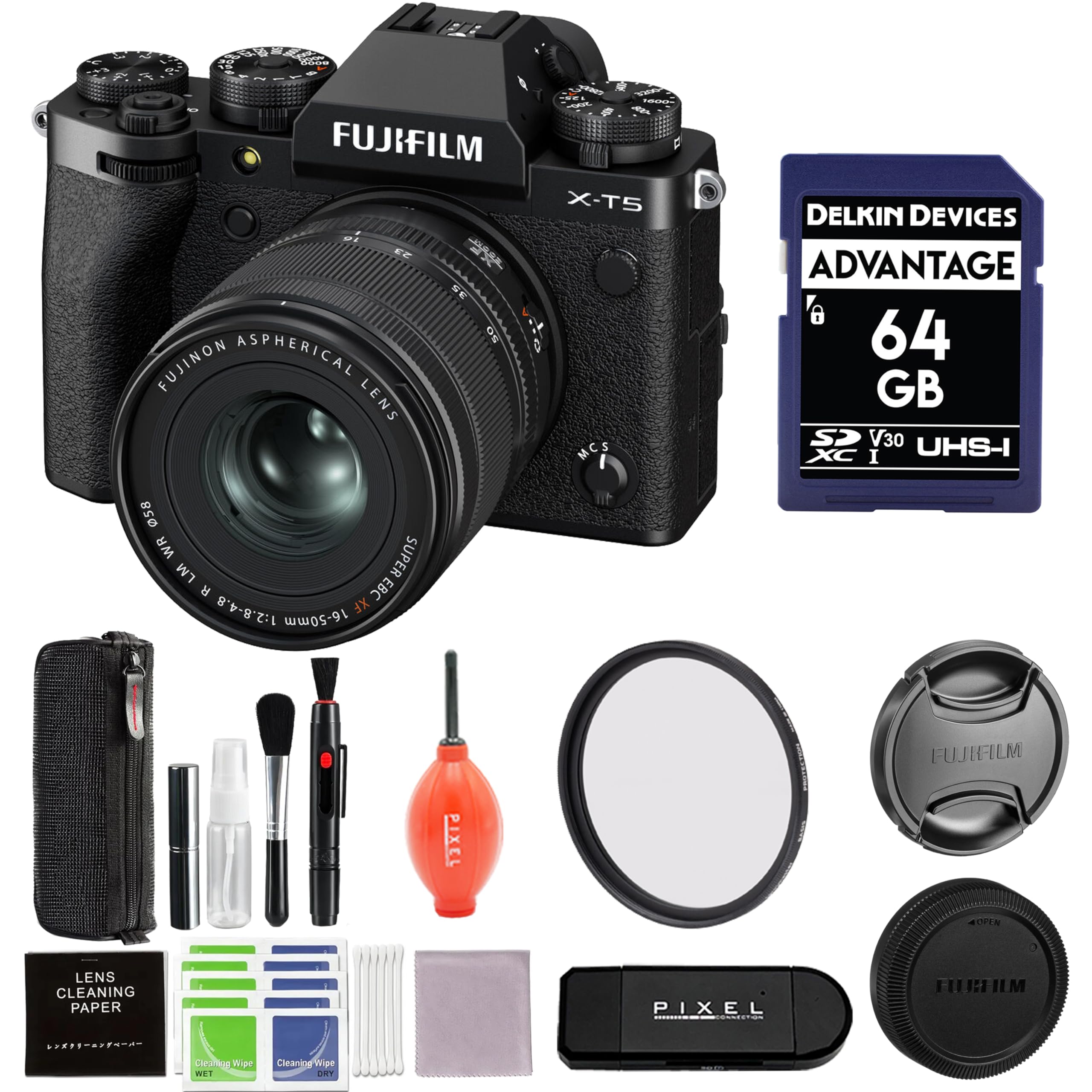 FUJIFILM X-T5  
FUJINON ASPHERICAL LENS  
DELKIN DEVICES ADVANTAGE 64 GB SP V30 UHS-I XC  
1:2.8-4.8 XF 16-50mm  
FUJIFILM PIXEL  
LENS CLEANING PAPER  
CLEANING WIPES  
PIXEL Wipe