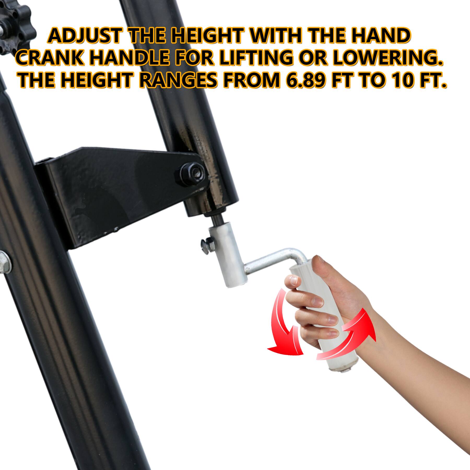 Adjust the height with the hand crank handle for lifting or lowering. The height ranges from 6.89 ft to 10 ft.