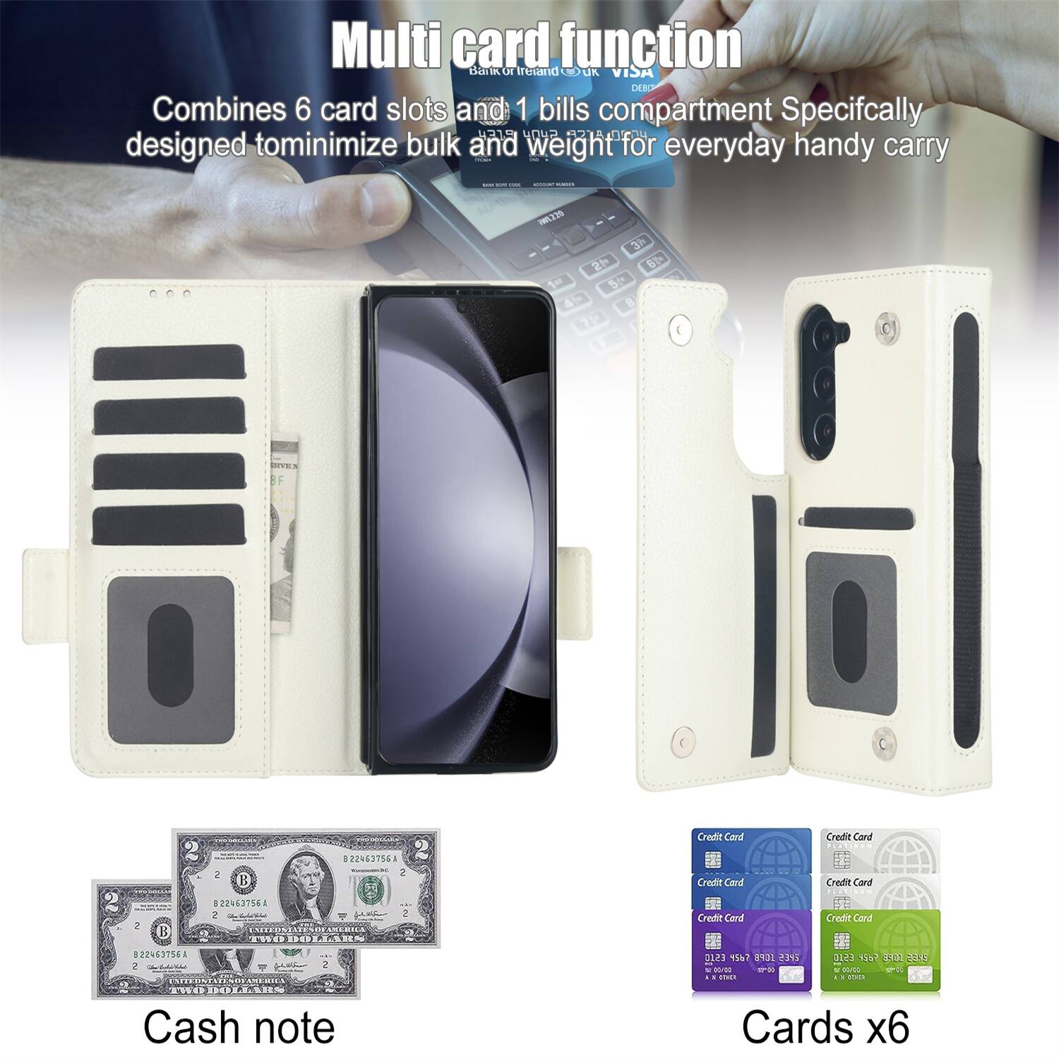 Multi card function  
Combines 6 card slots and 1 bills compartment  
Specifically designed to minimize bulk and weight for everyday handy carry  

Cash note  
Cards x6