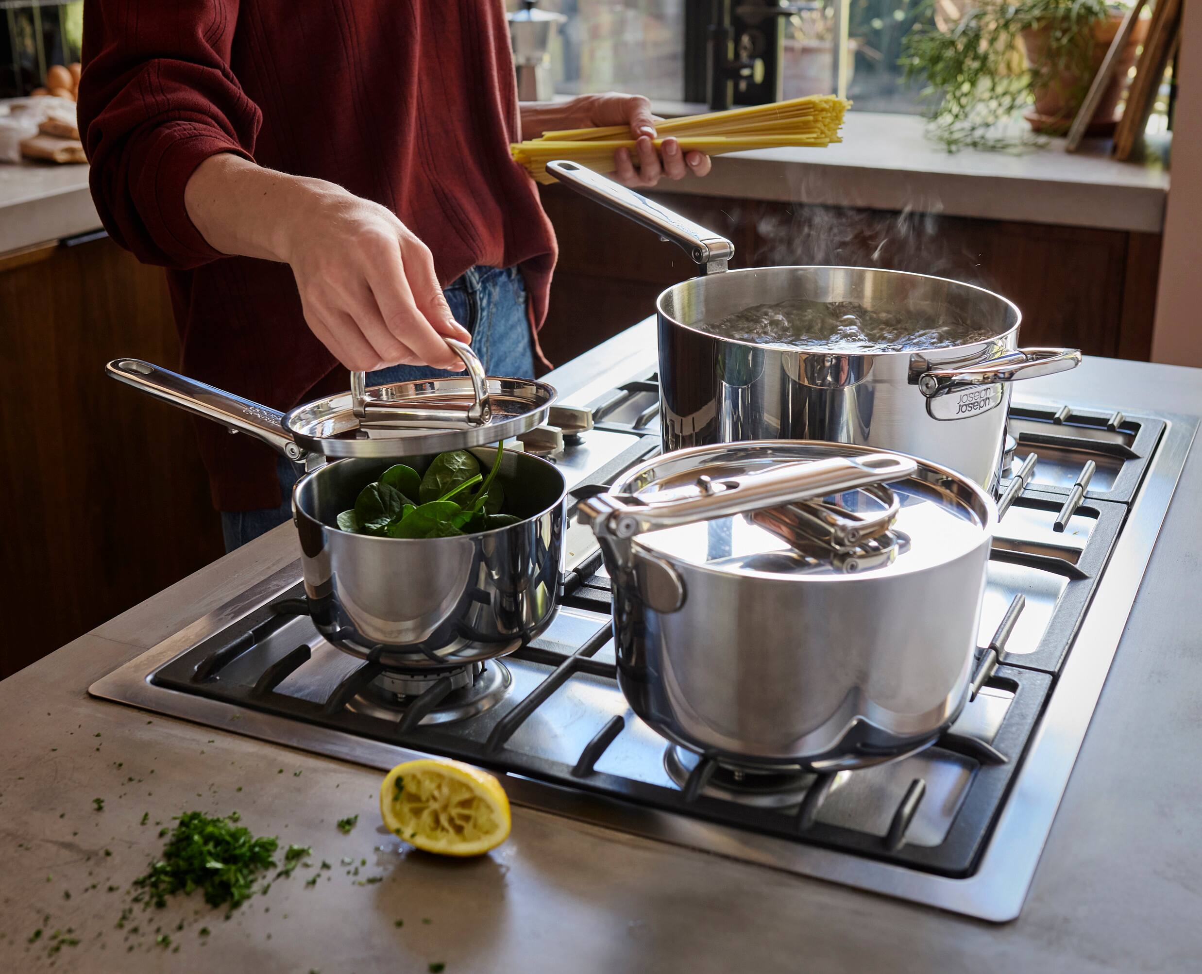 Alt View 3. Joseph Joseph - Space Steel 8-piece Stainless Steel Cookware Set with Folding Handles - Stainless Steel.