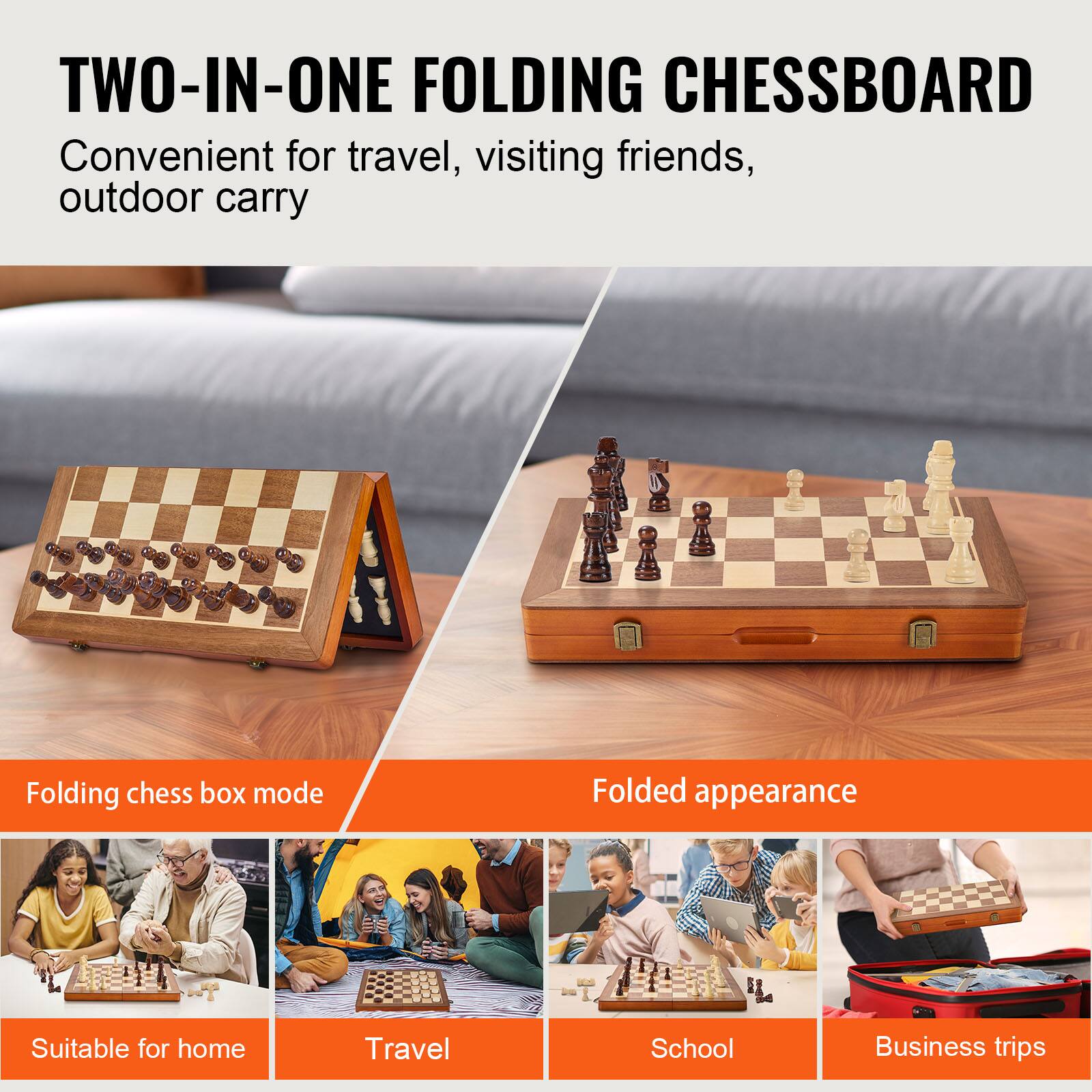 VEVOR Magnetic Wooden Chess Set, 15 inch 2 IN 1 Chess Checkers