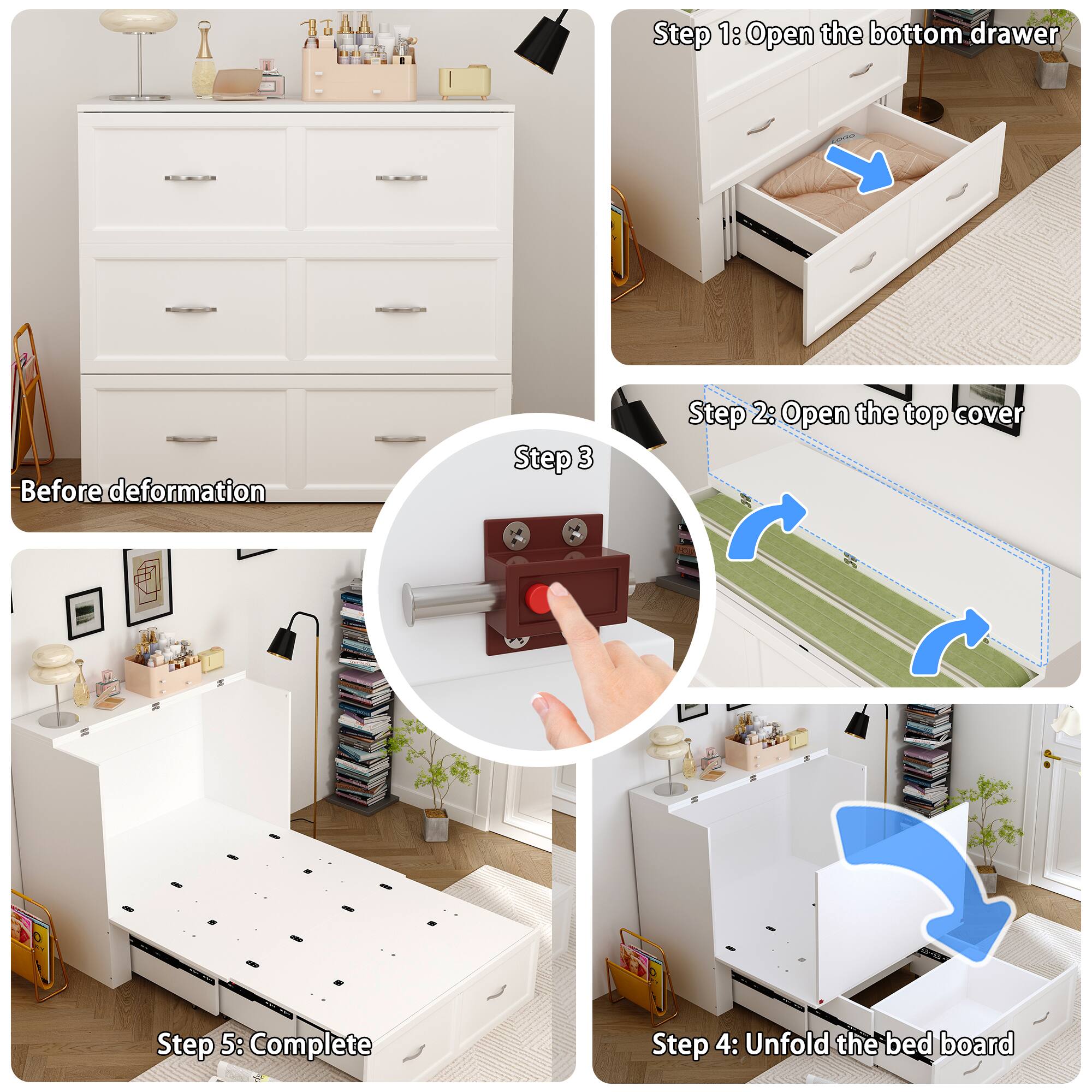 Step 1: Open the bottom drawer

Step 2: Open the top cover

Step 3

Step 4: Unfold the bed board

Step 5: Complete

Before deformation