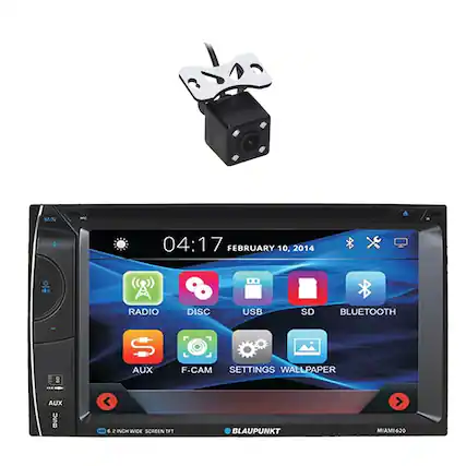 M/N 04:17 FEBRUARY 10, 2014 RADIO DISC USB SD BLUETOOTH am 8 AUX F-CAM SETTINGS WALLPAPER AUX USO < 6.2 INCH WIDE SCREEN TFT BLAUPUNKT MIAMI 620