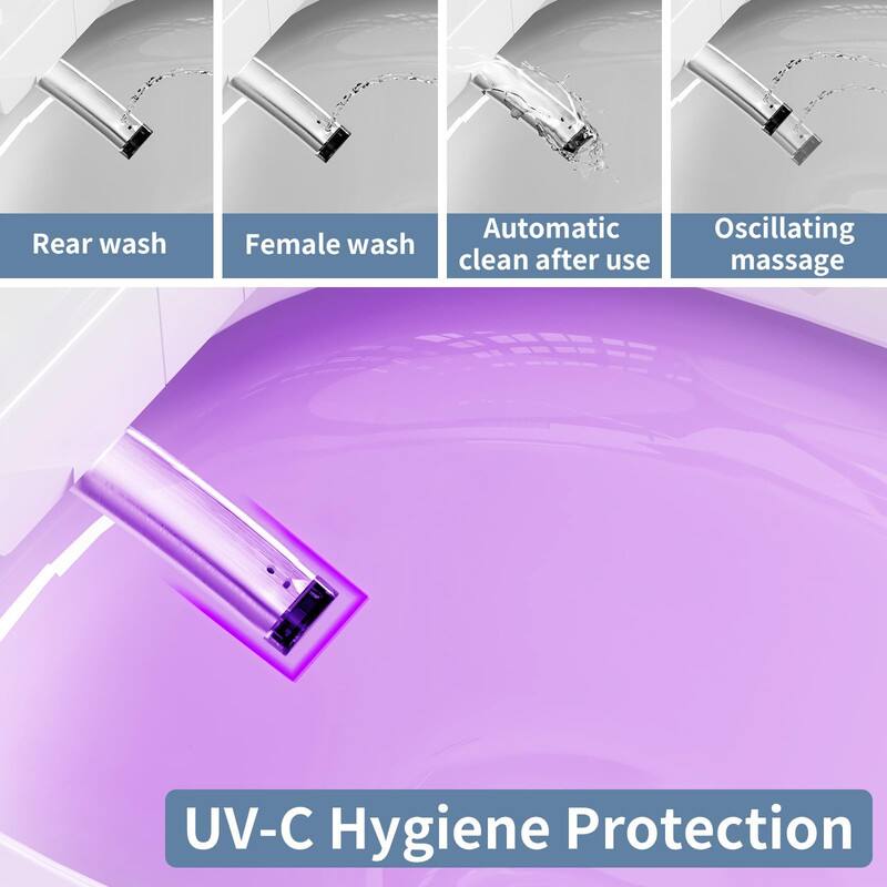 - Rear wash
- Female wash
- Automatic clean after use
- Oscillating massage
- UV-C Hygiene Protection