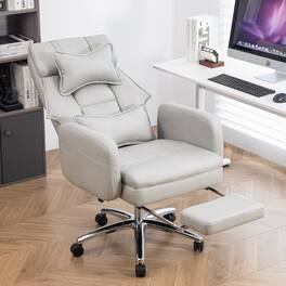 LUCKY ONE - Tech Leather Swivel Office Chair w/ 155° Recline, Headrest and Hidden Footrest - Light/Grey