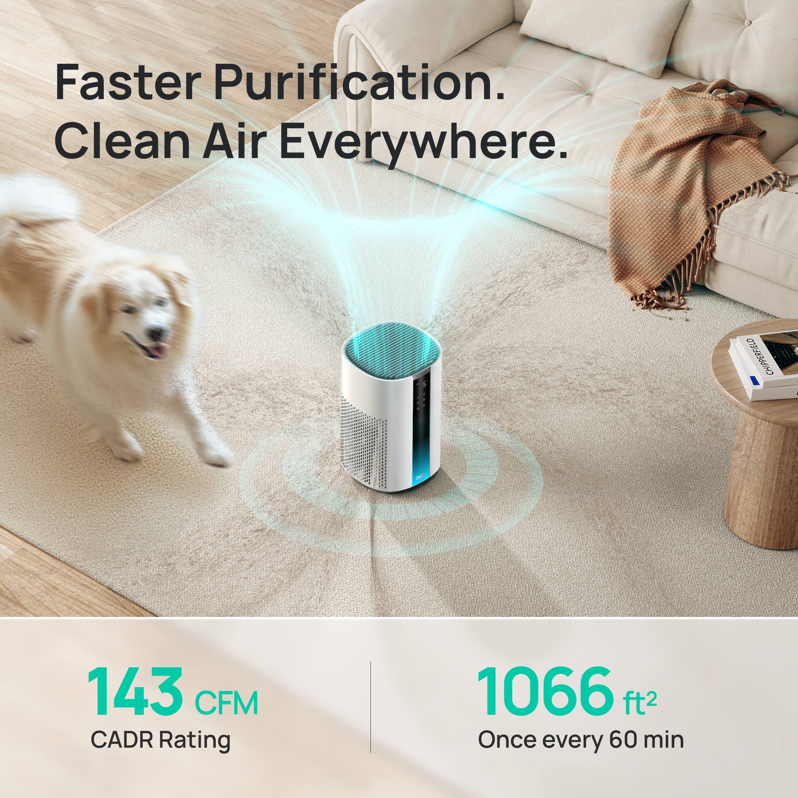Faster Purification. Clean Air Everywhere.

143 CFM CADR Rating

1066 ft² Once every 60 min