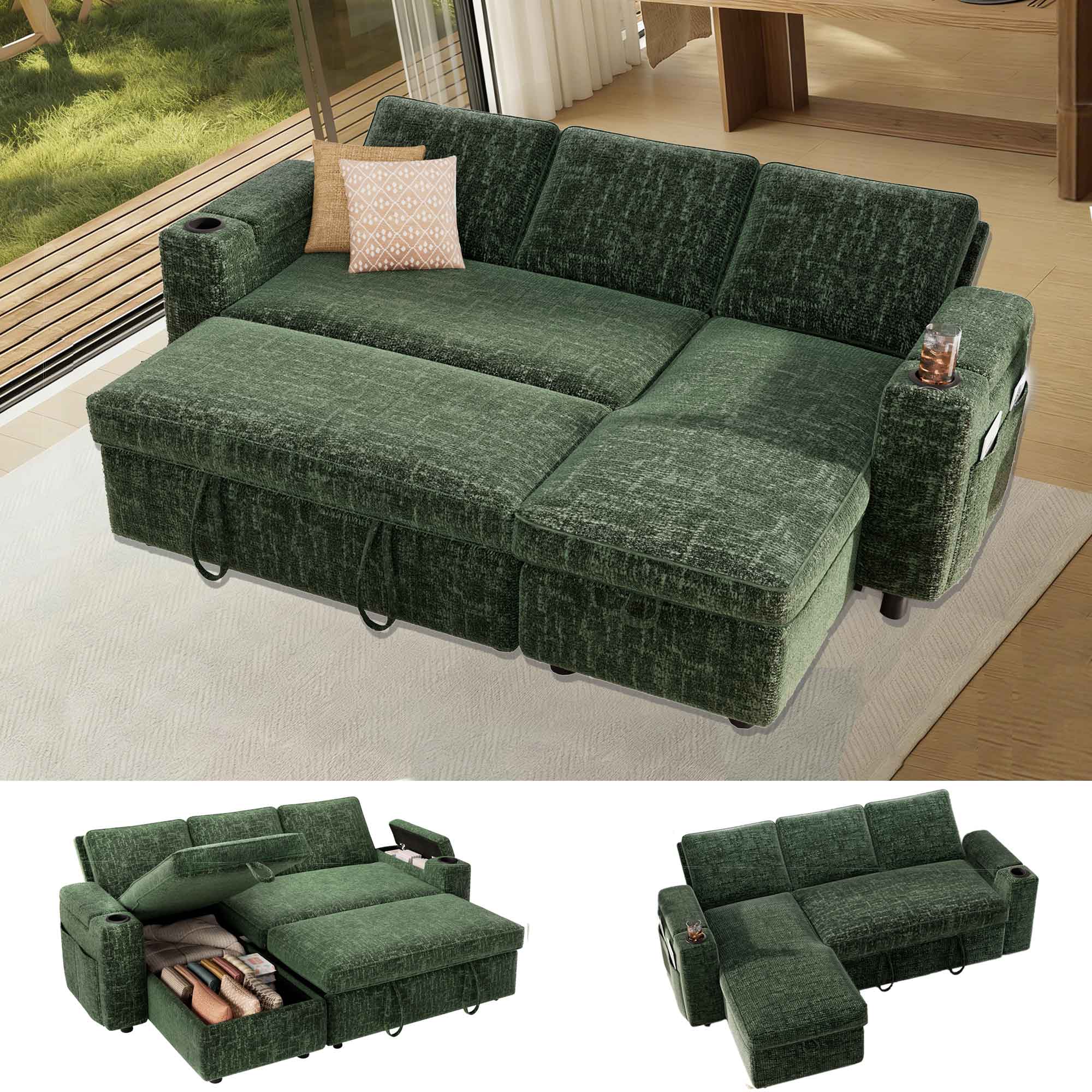 Vipbear - 82" Sleeper Sofa Bed, 3-in-1 L-Shaped Reclining Couch with Reversible Storage Chaise, Tool-Free Assembly, Green - Green