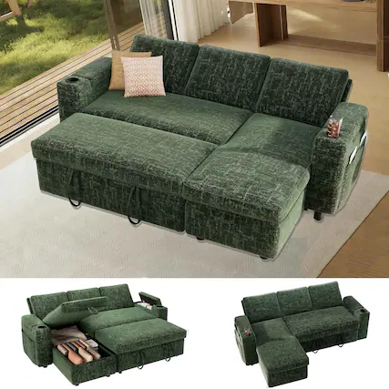 Front. Vipbear - 82" Sleeper Sofa Bed, 3-in-1 L-Shaped Reclining Couch with Reversible Storage Chaise, Tool-Free Assembly, Green - Green.