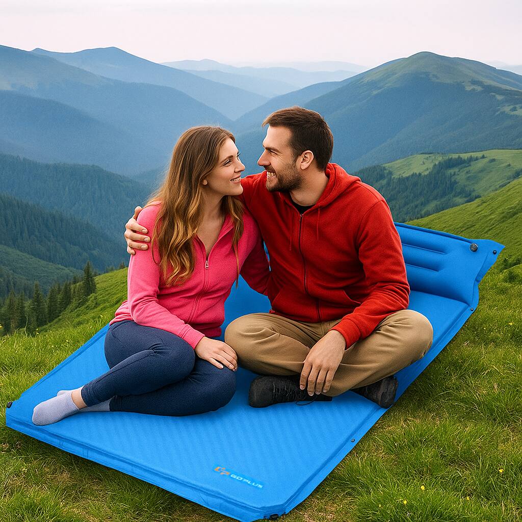 Angle. BreeBe - Self-Inflating Outdoor Sleeping Pad with Built-in Pillows and Carry Bag - Blue.