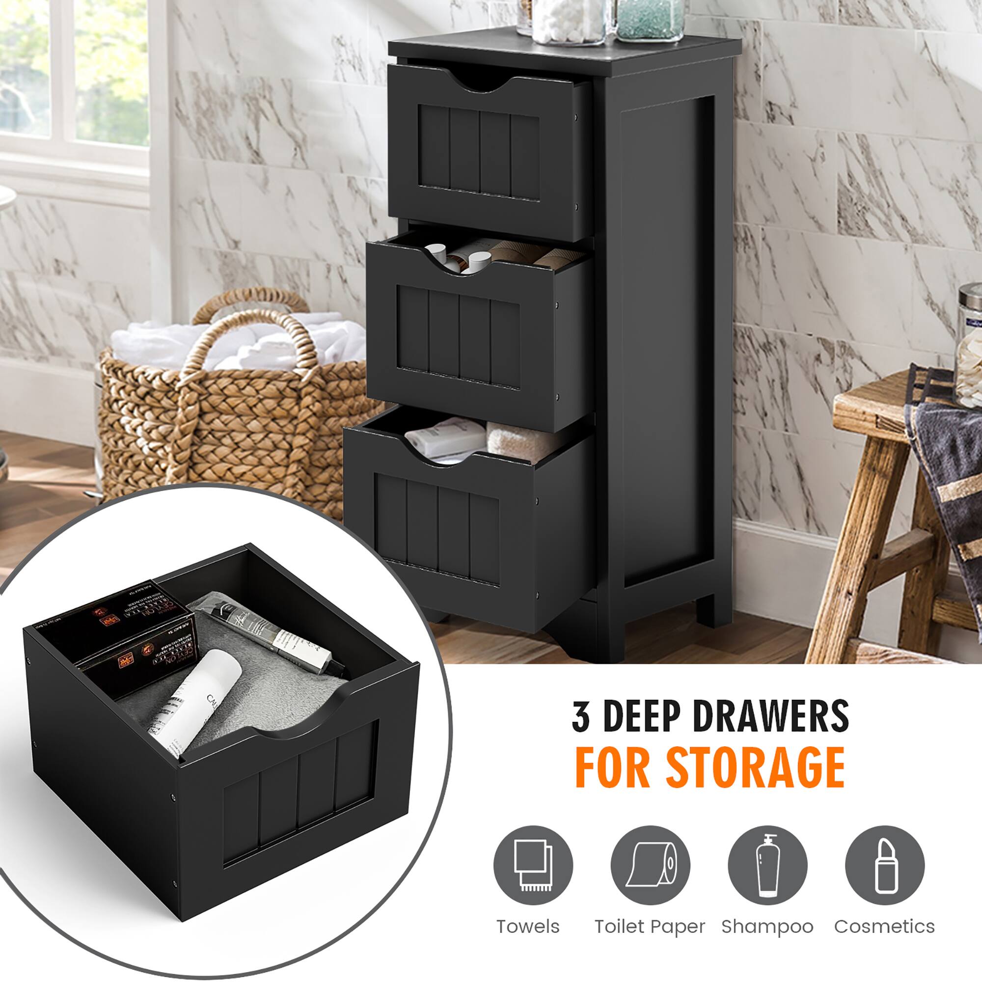 3 DEEP DRAWERS FOR STORAGE  
Towels  
Toilet Paper  
Shampoo  
Cosmetics
