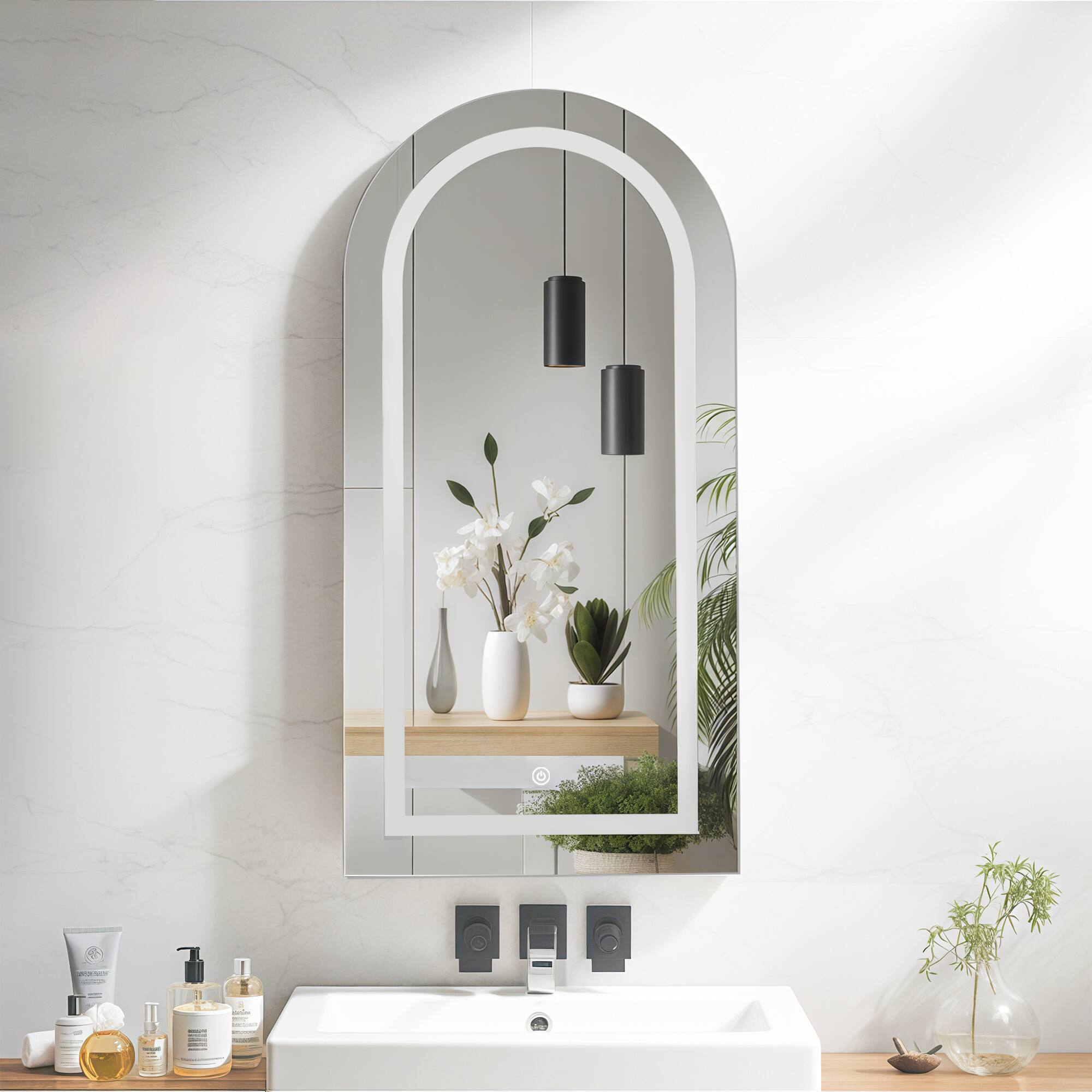 Alt View 3. DIYSET - Arched Medicine Cabinet with LED Light, Wall-Mounted Mirror with Storage Recessed Bathroom Cabinet - White.