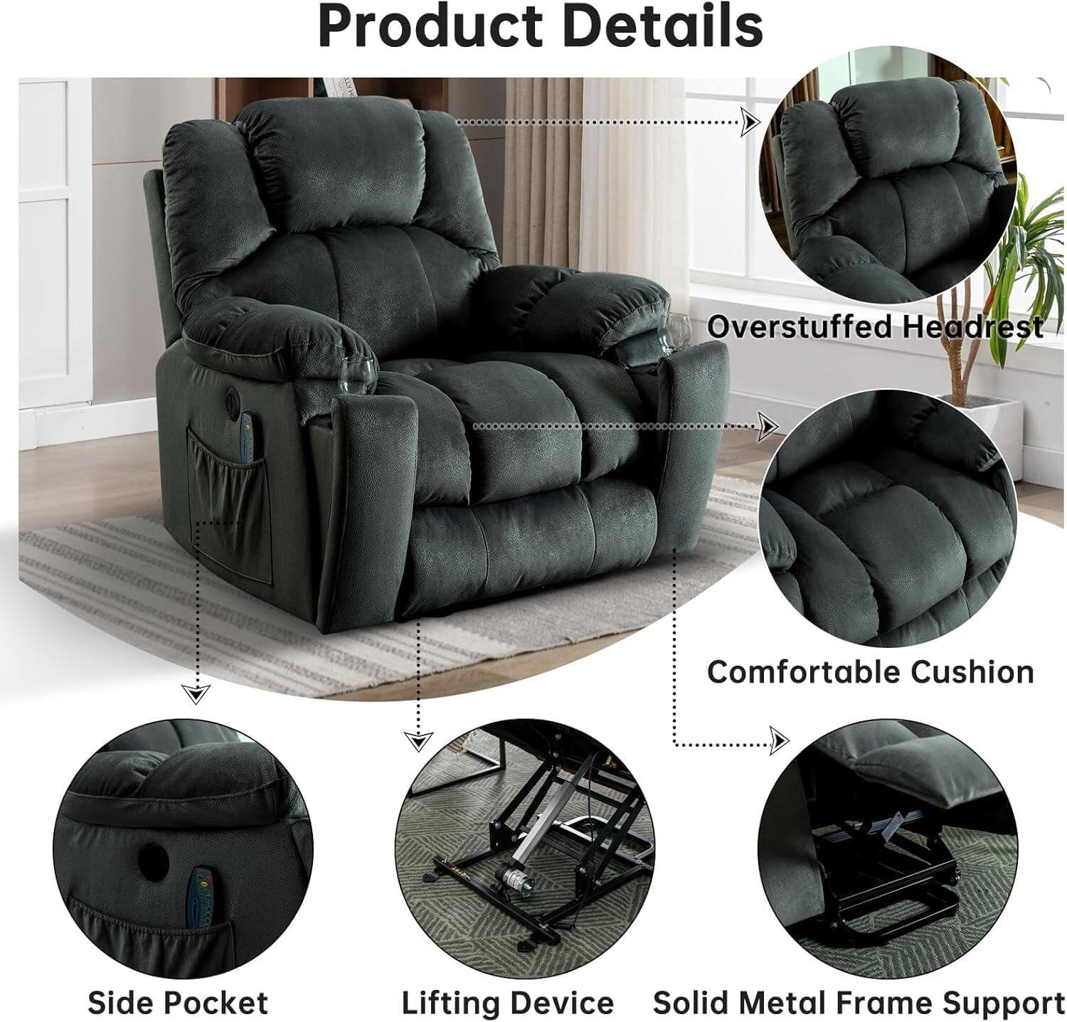 Product Details: Overstuffed Headrest, Comfortable Cushion, Side Pocket, Lifting Device, Solid Metal Frame Support.