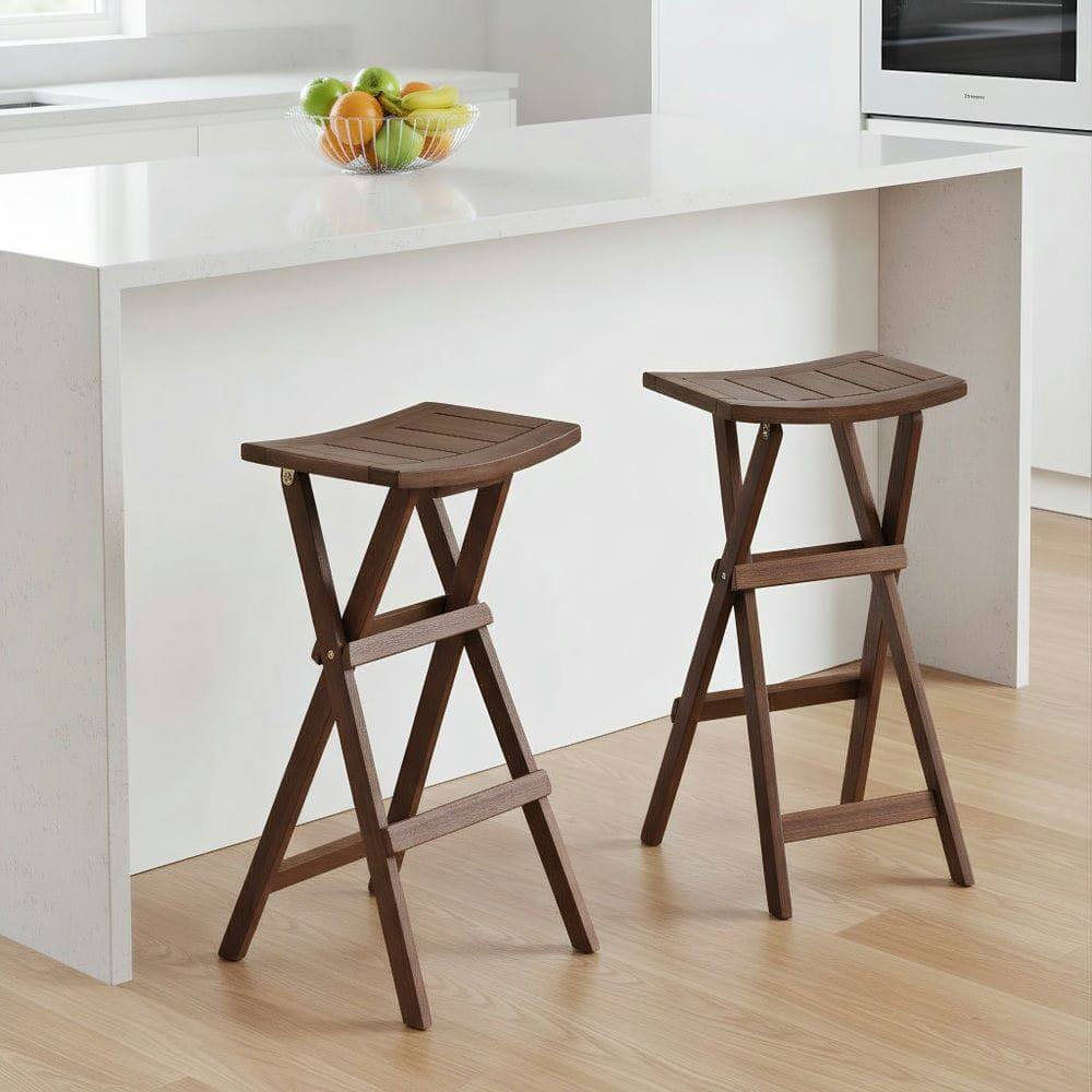 Front. Kadyn - Set of 2 Bar Stools with Saddle Seat and Footrest for Kitchen Island, Teak Finish - Brown.