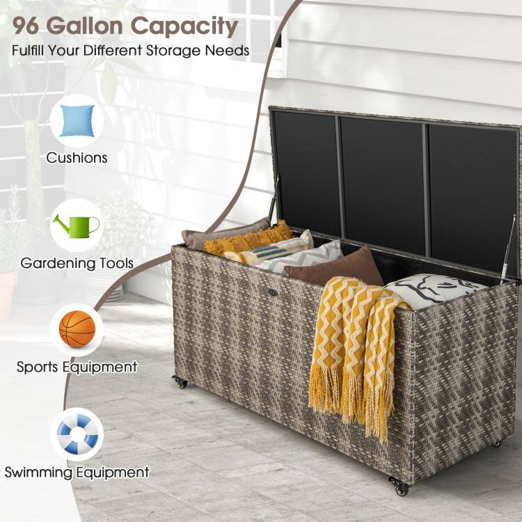 96 Gallon Capacity  
Fulfill Your Different Storage Needs  
- Cushions  
- Gardening Tools  
- Sports Equipment  
- Swimming Equipment