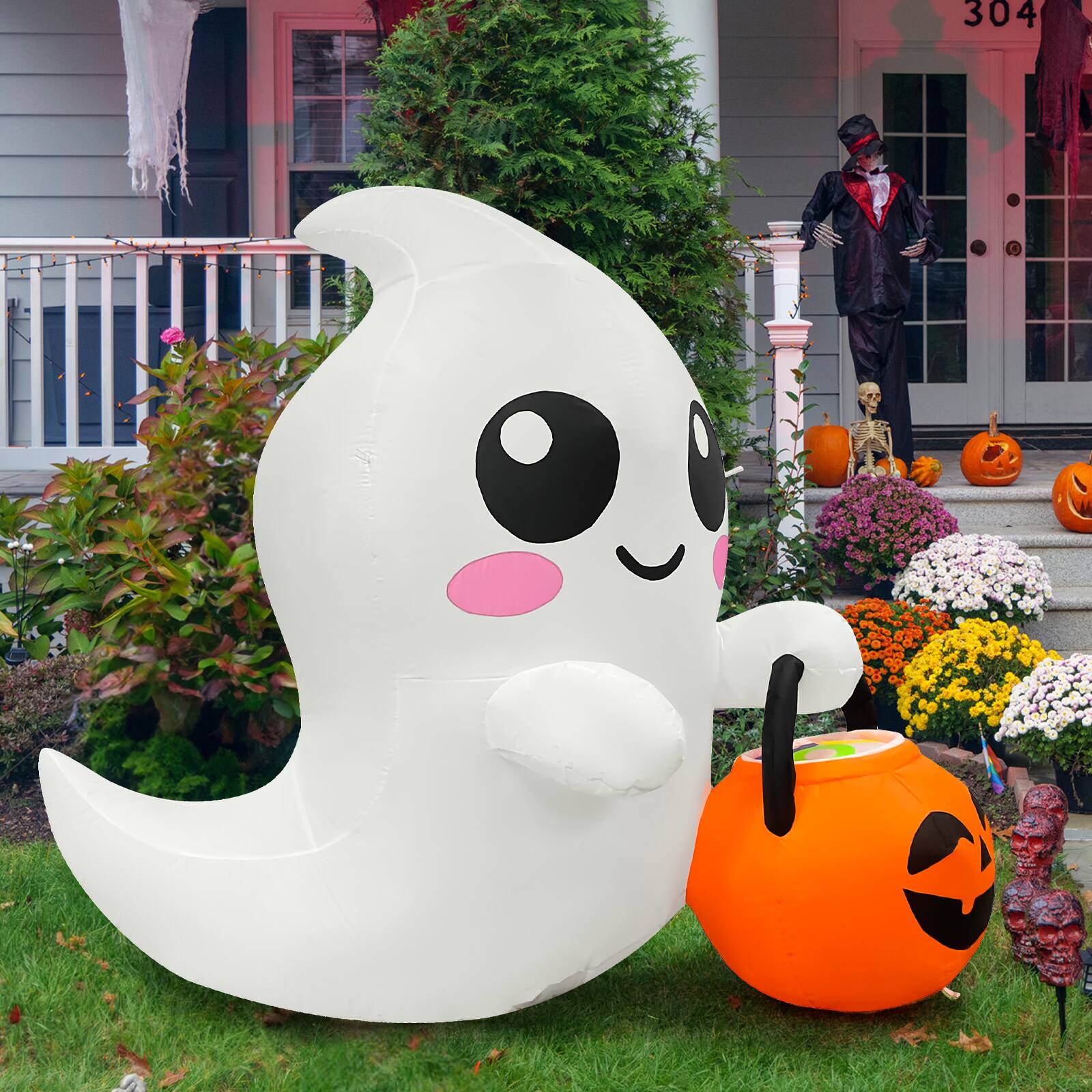 Back. GOOSH Inflatables - GOOSH 5FT Inflatable Cute Ghost with Pumpkin Bucket – Light-Up Halloween Yard Decoration - White.