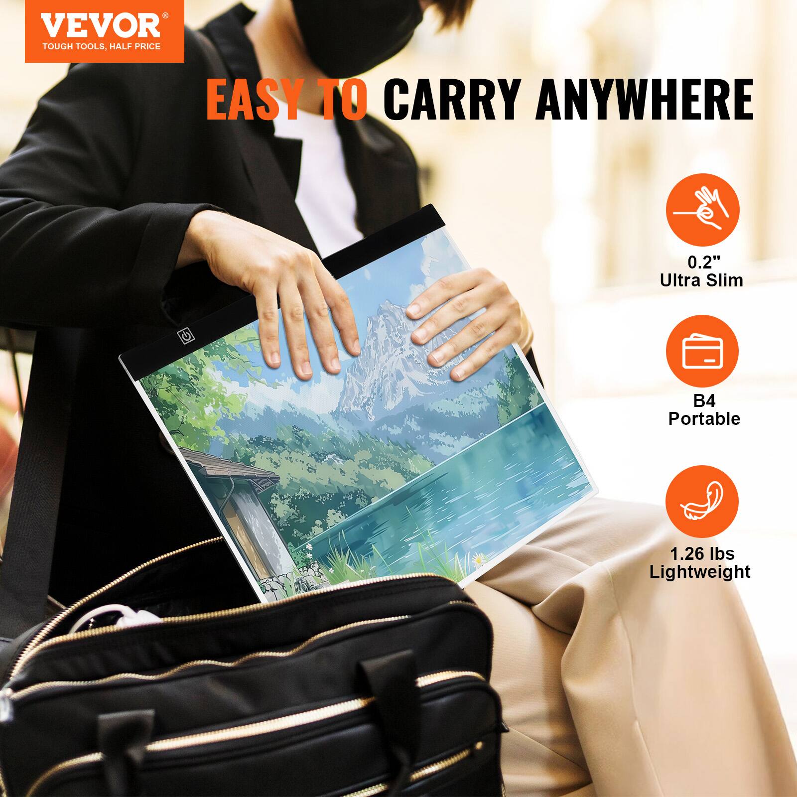 VEVOR  
TOUGH TOOLS, HALF PRICE  

EASY TO CARRY ANYWHERE  

0.2" Ultra Slim  
B4 Portable  
1.26 lbs Lightweight