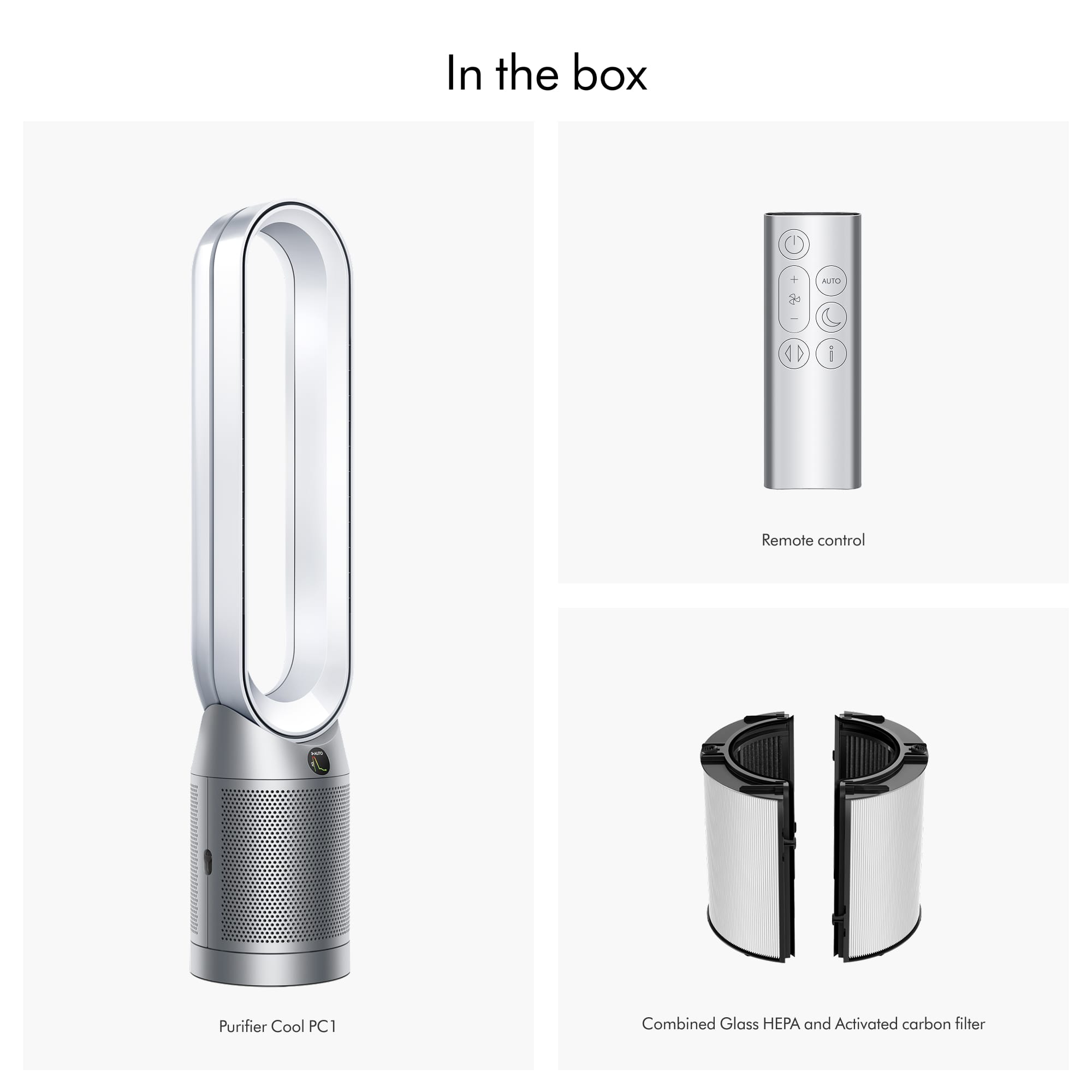 In the box:
- Remote control
- Purifier Cool PC1
- Combined Glass HEPA and Activated carbon filter