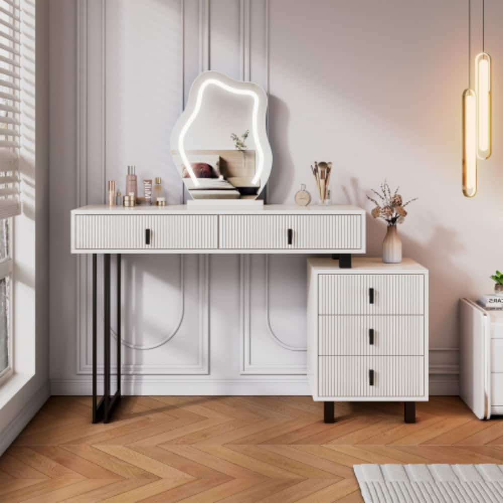 LUCKY ONE - Adjustable Vanity with Cloud LED Mirror, Storage Drawers and Side Cabinet for Bedroom - White