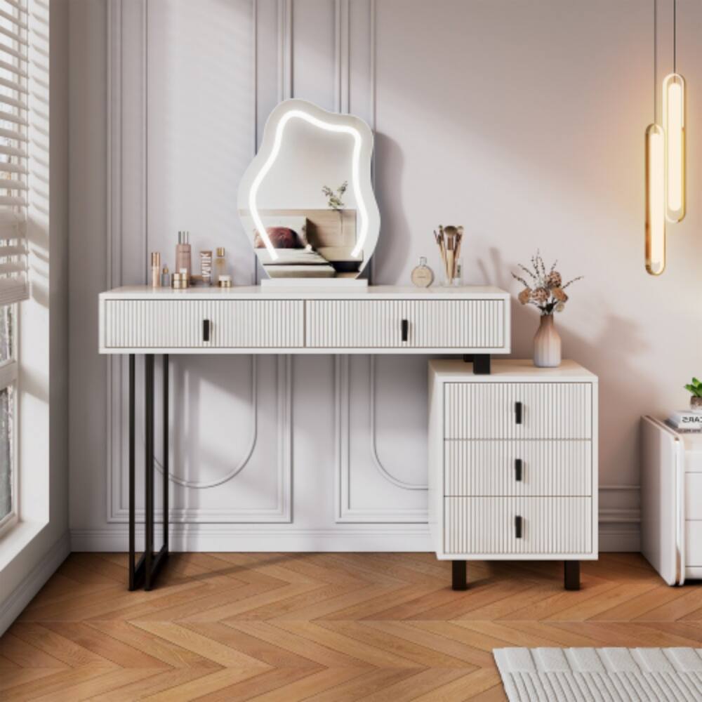 LUCKY ONE - Adjustable Vanity with Cloud LED Mirror, Storage Drawers and Side Cabinet for Bedroom - White
