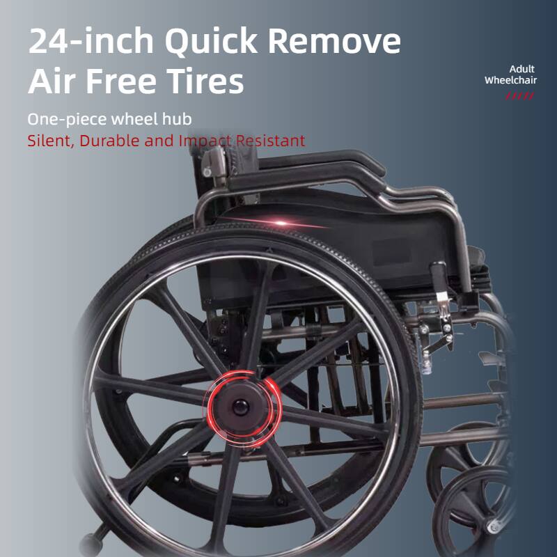 24-inch Quick Remove Air Free Tires

One-piece wheel hub

Silent, Durable and Impact Resistant

Adult Wheelchair