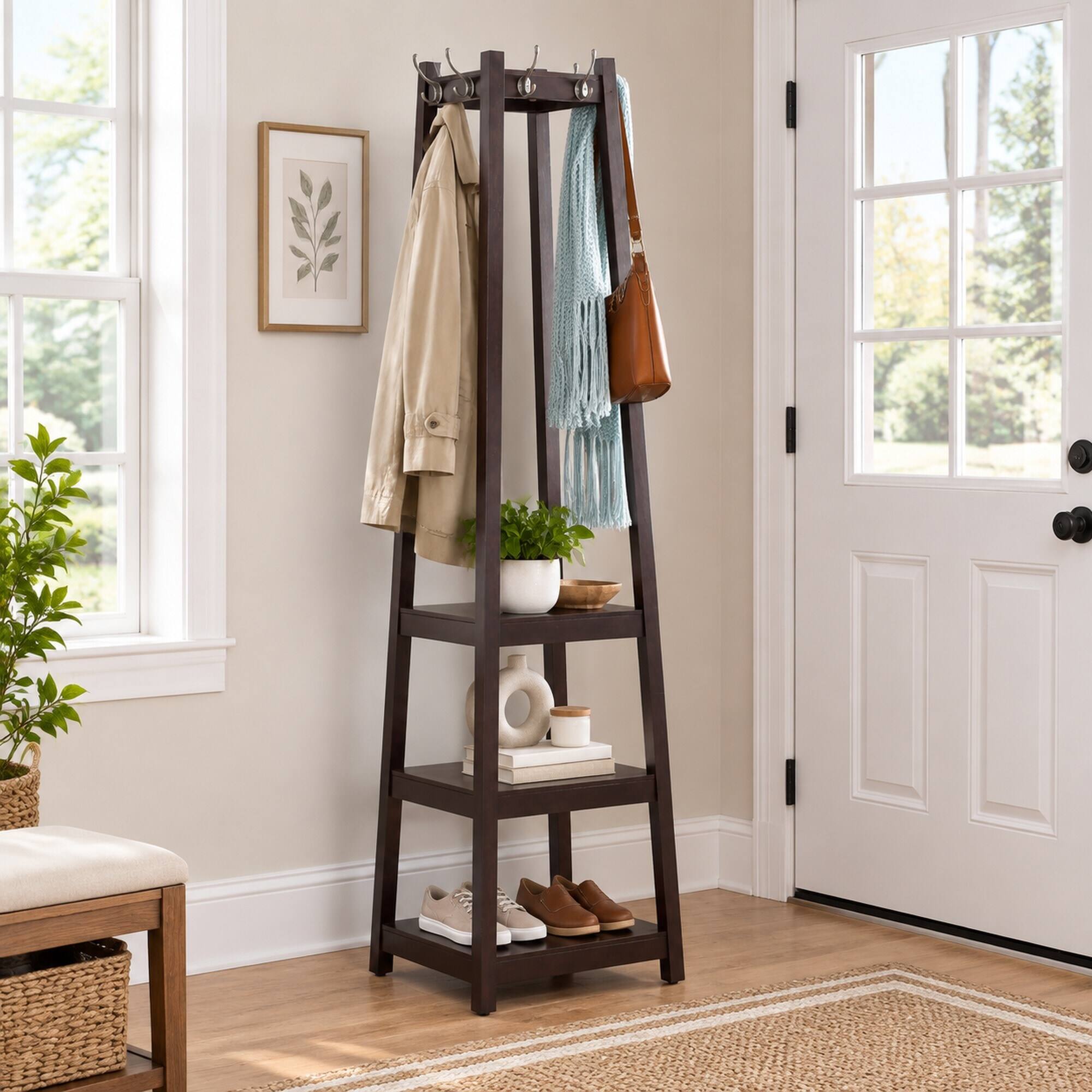Angle. RYHNUYNE - Vassen Coat Rack, 3-Tier Storage Shelves, Espresso Wood Finish, 17.5 x 17.5 x 72 in, Silver Hooks - Espresso.