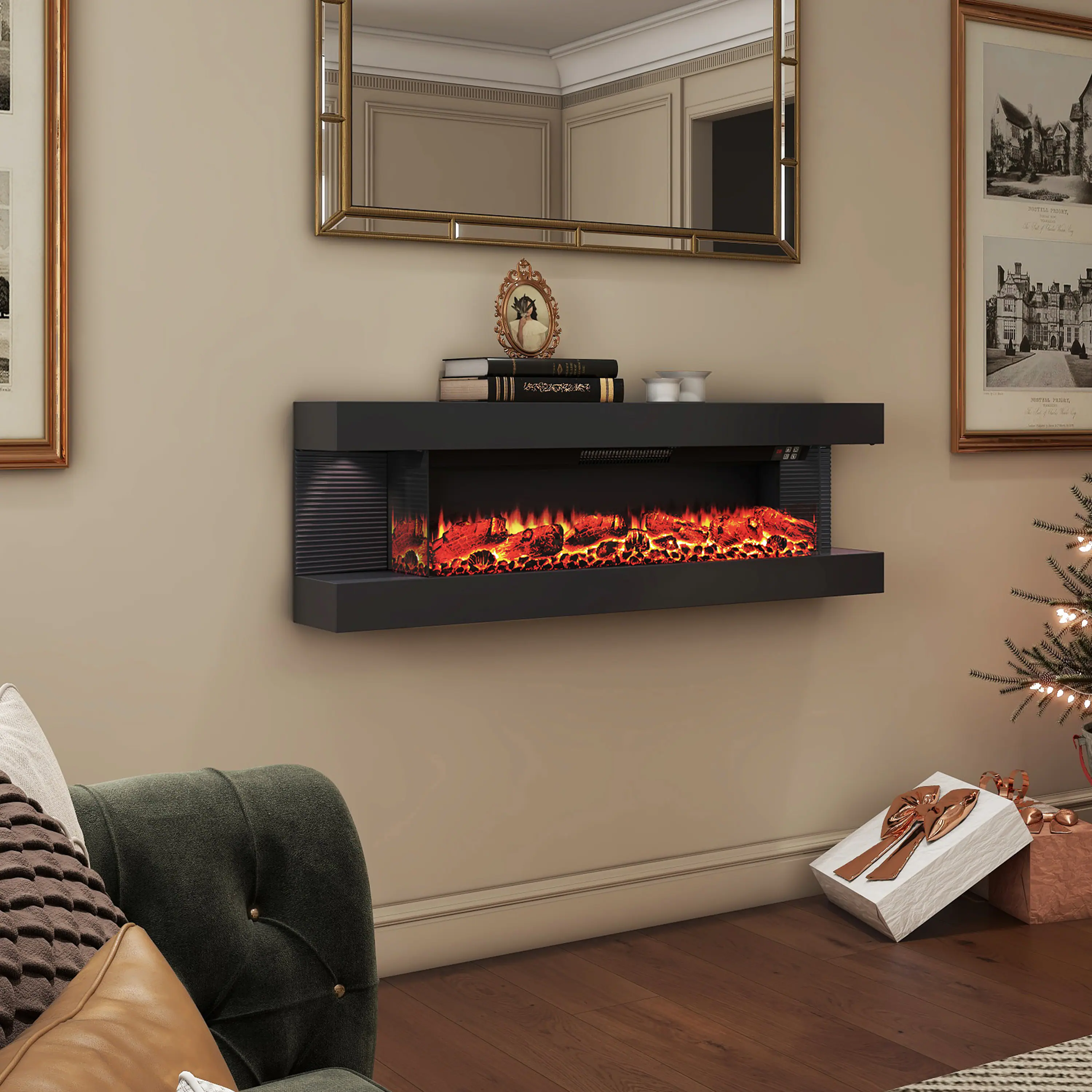 Left. Mondawe - 50" Electric Fireplace with Hanging LED Mantel and Remote Control - Black.