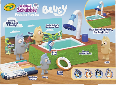 Crayola Scribble Scrubbie Poolside Play Set  
Bluey  

Color & Clean Bluey & Family!  

Uncle Stripe's Backyard Pool  

Real Working Pool, for Real Life!  

Bandit  
Scrub Brush  
Shower Pump & Pool  
Chilli  
Bluey  
Donut Floaty  

Washable Markers  

Bingo