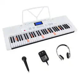 Costway - 61-Key Electronic Keyboard Piano with 350 Rhythms 350 Timbres 50 Demo Songs - White