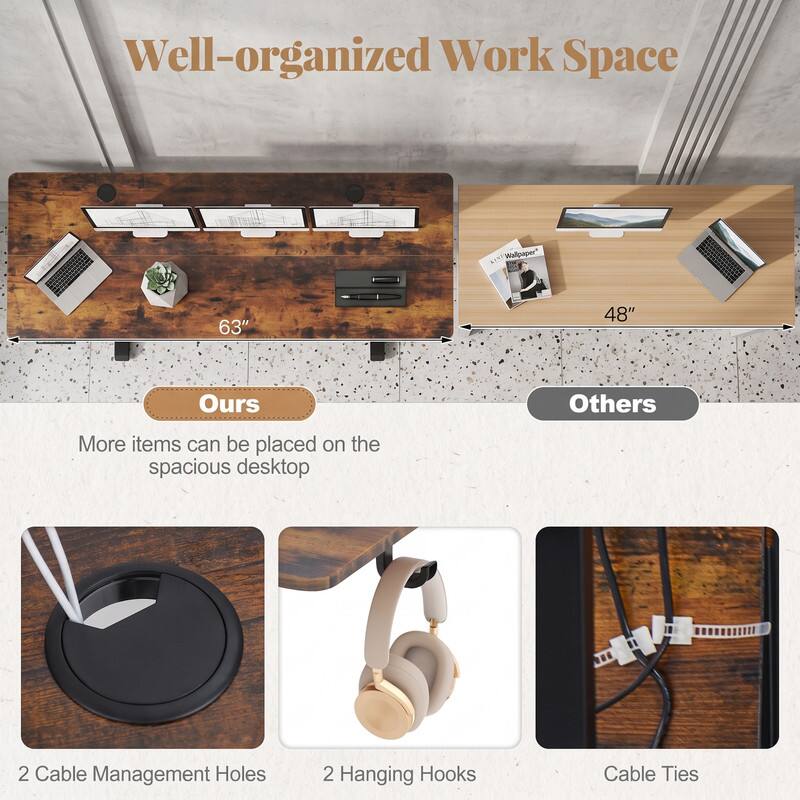 Well-organized Work Space Wallpaper 63" 48" Ours Others More items can be placed on the spacious desktop 2 Cable Management Holes 2 Hanging Hooks Cable Ties