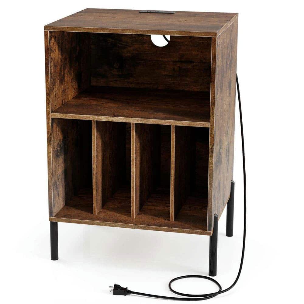 Kadyn - Record Player Stand with Vinyl Storage and USB Charging Station, Coffee - Brown