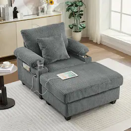 Trinkets Crazed - Comfy Cloud Corduroy Chaise Lounge Chair with Ottoman, Single Sleeper Sofa with USB Charging & Storage Armrests - Gary
