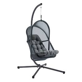 Manhattan Lane - Bery Outdoor Swing Chair with Foldable Stand, Dark Gray Cushion - Black, Dark Gray