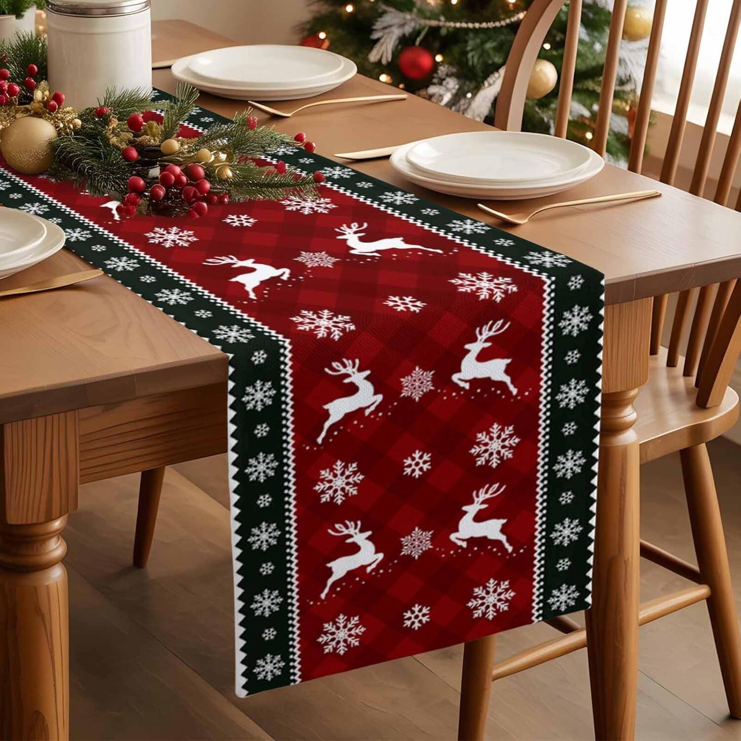 Front. Auledio - Christmas Elk Red Buffalo Plaid Table Runner 13x72in Non-Slip Cotton Linen Table Runners for Dining Wedding Party - Red.