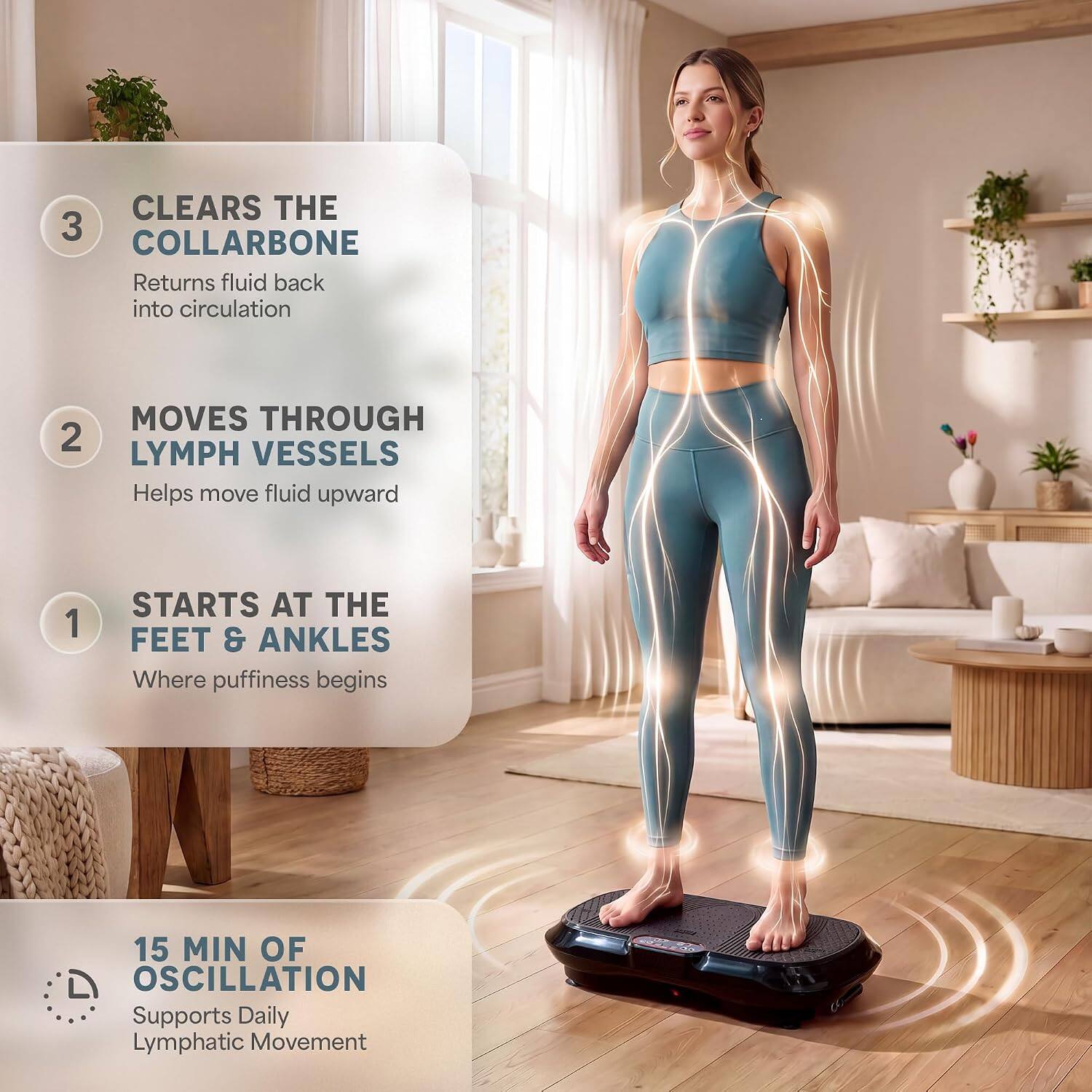 CLEARS THE COLLARBONE  
Returns fluid back into circulation

MOVES THROUGH LYMPH VESSELS  
Helps move fluid upward

STARTS AT THE FEET & ANKLES  
Where puffiness begins

15 MIN OF OSCILLATION  
Supports Daily Lymphatic Movement
