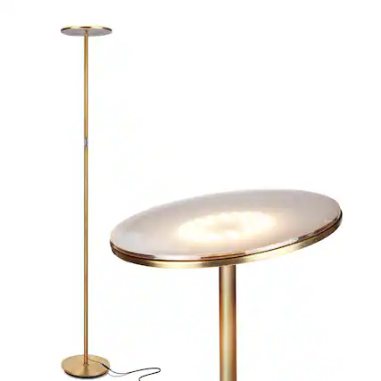 Front. Brightech - Sky Flux LED Modern Industrial Torchère Dimmable Super Bright Floor Lamp with Built-in Adjustable Head Tilt - Antiqued Brass.