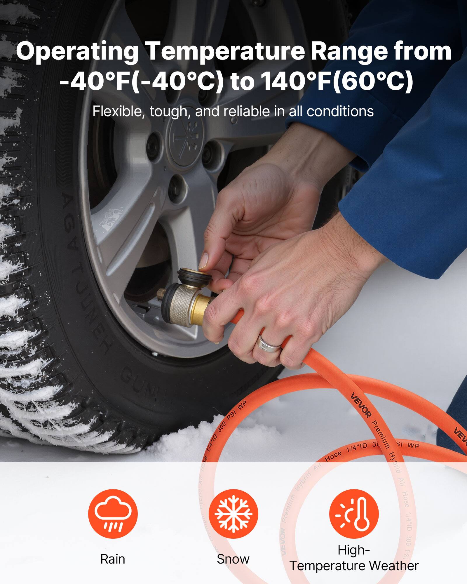 Operating Temperature Range from -40°F(-40°C) to 140°F(60°C)

Flexible, tough, and reliable in all conditions

AGV TOUNEH GUN WP PSI 200 D 174 ON PRE 20

Rain Snow VEVOR 1/4"ID Premium 3 SI WP Hose Air Hybrid Hybrid Air Hose Premium 1/4"ID VEVOR 300 High- PS Temperature Weather VEV