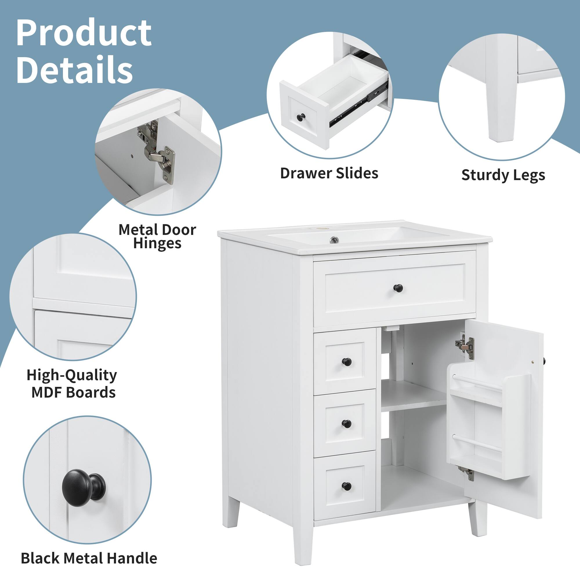 Product Details

- Drawer Slides
- Sturdy Legs
- Metal Door Hinges
- High-Quality MDF Boards
- Black Metal Handle