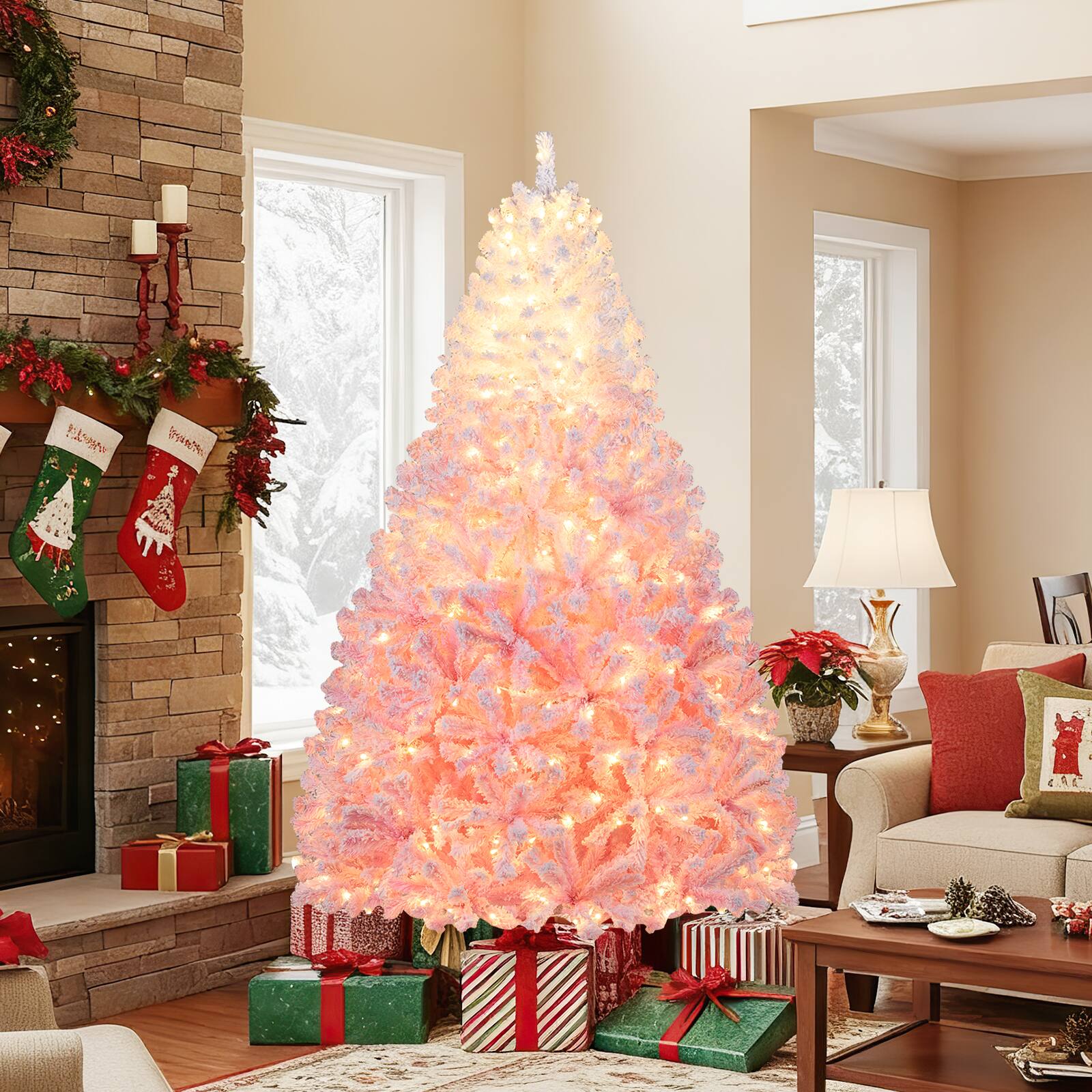 Alt View 4. Gymax - Gymax 7 FT Artificial Christmas Tree Hinged Snow Flocked Xmas Tree w/ 1264 Branch Tips - Pink.