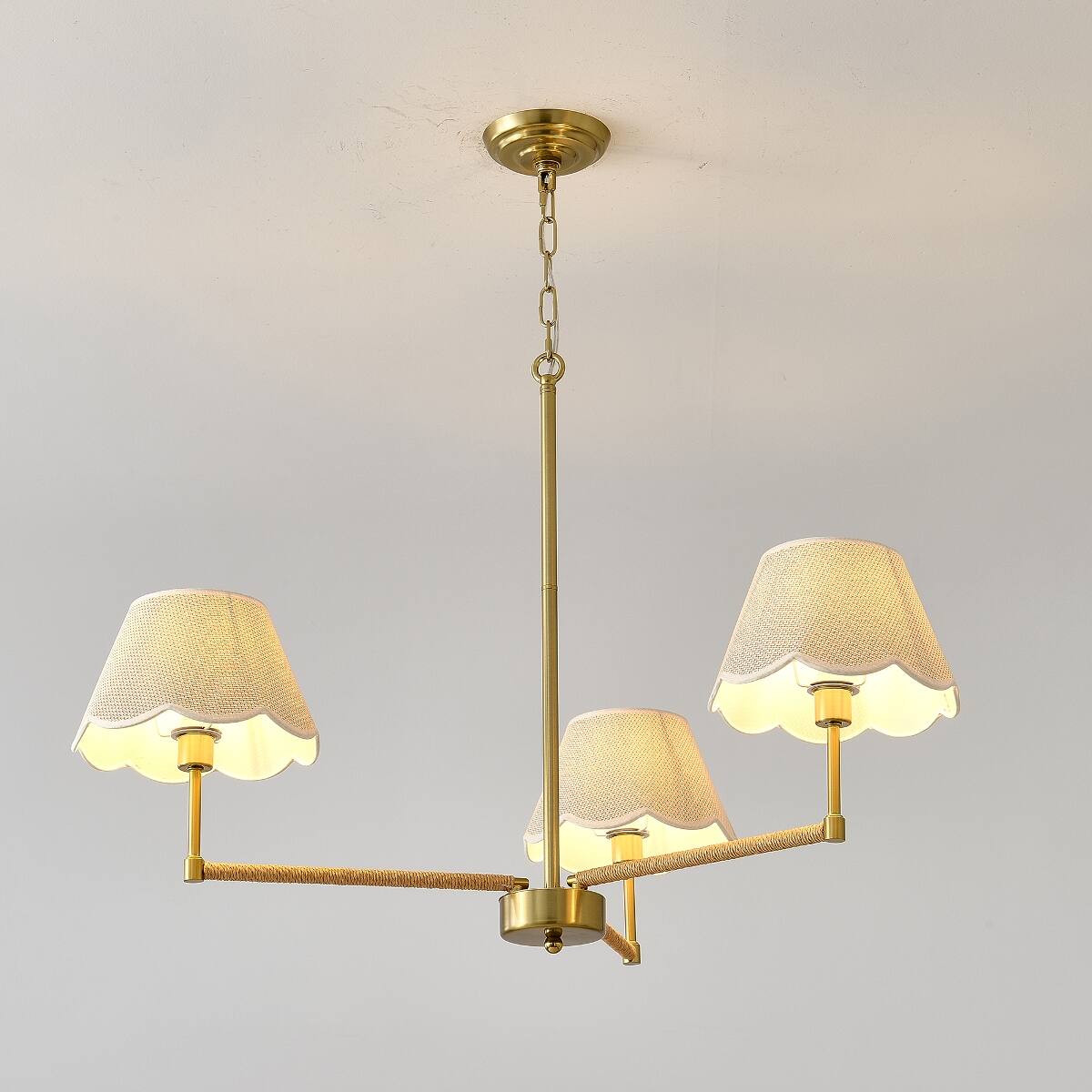 Alt View 1. Loheer - Loheer Three Light Gold Chandelier with Fabric Shades and Rope Accents for Dining Room or Living Room.