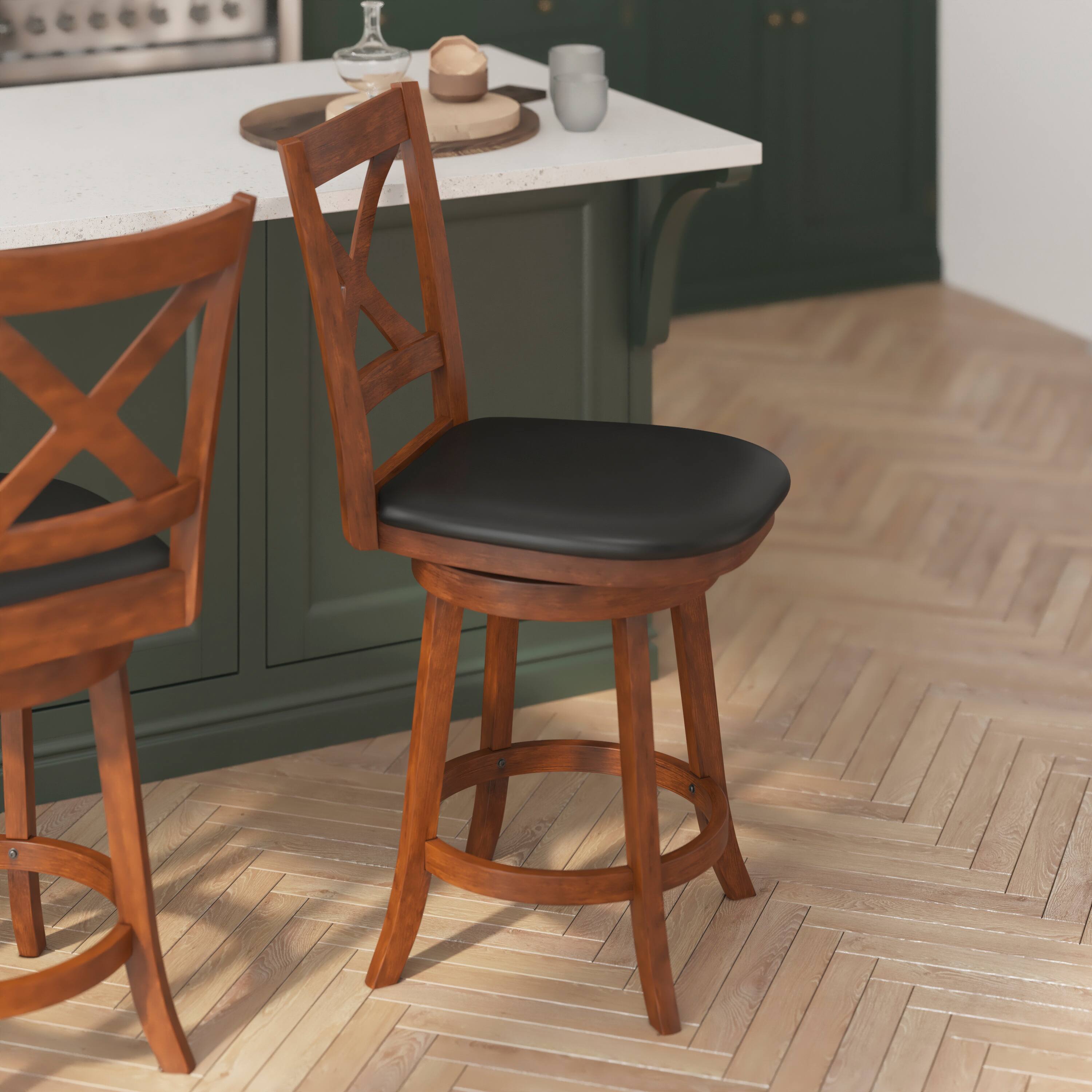 Alt View 2. Flash Furniture - Felicity Commercial Grade Wood Classic Crossback Swivel Counter Height Barstool with Padded Black LeatherSoft Seat, Anti - Brown.
