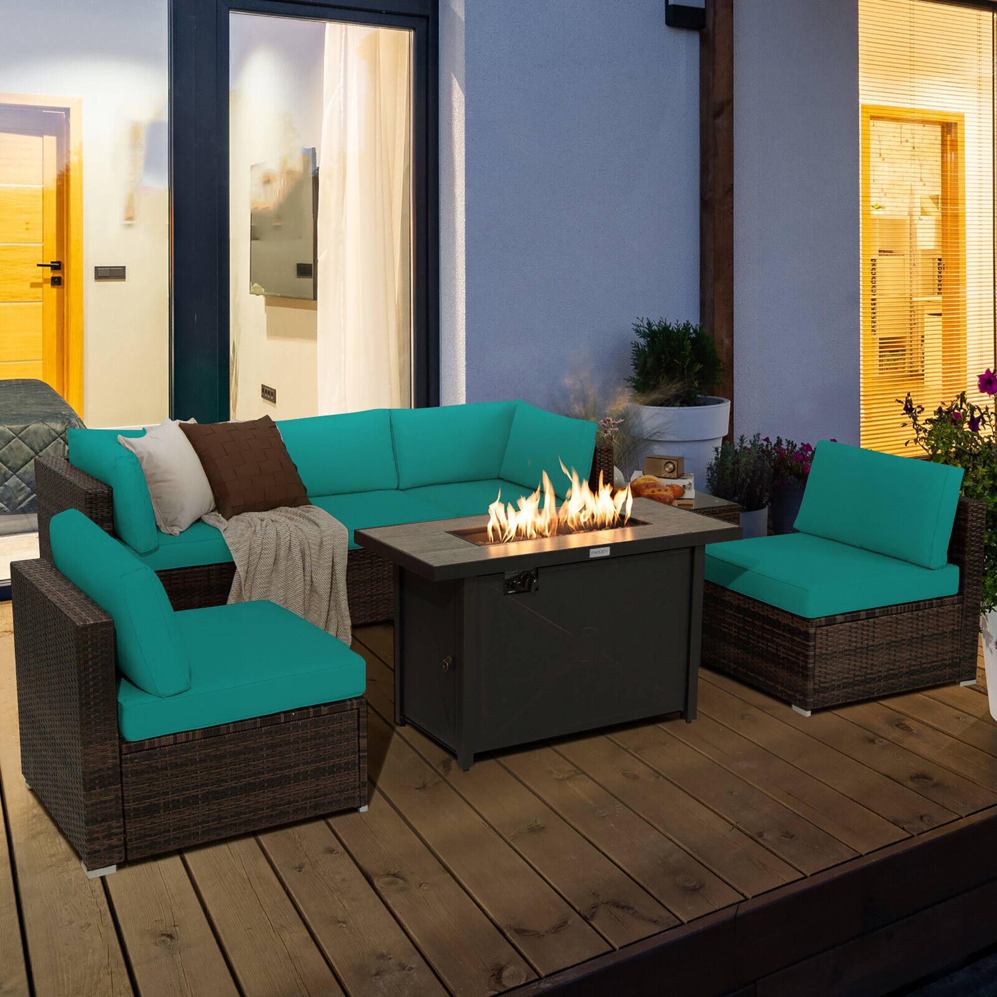 Alt View 3. Gymax - Gymax 7PCS Patio Rattan Furniture Set Fire Pit Table Cover Cushion Turquoise - Turquoise.