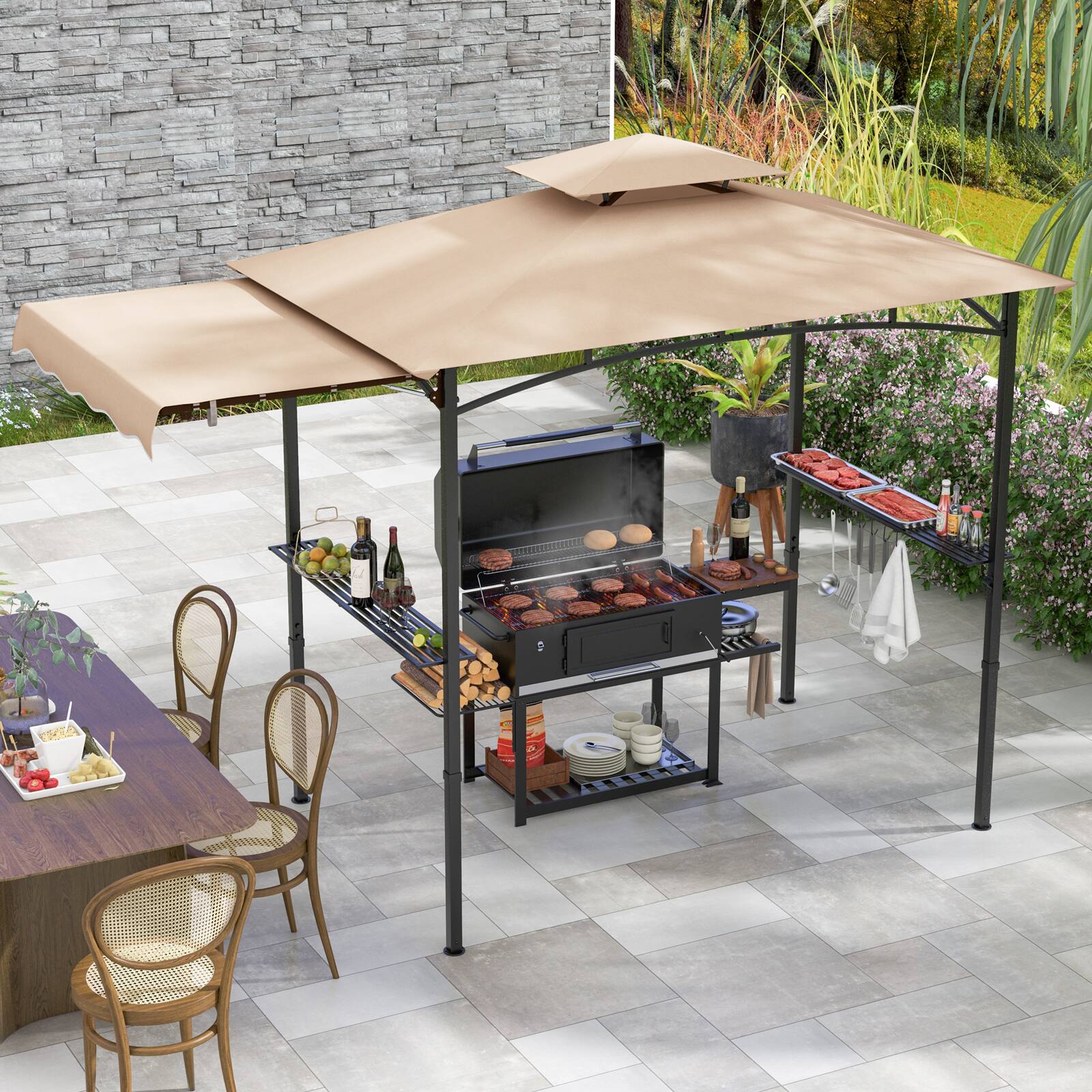 Alt View 1. Gymax - Gymax 11 x 5 FT Grill BBQ Gazebo w/ Side Awning Double-Tiered Top 2 Side Shelves Beige - Beige.