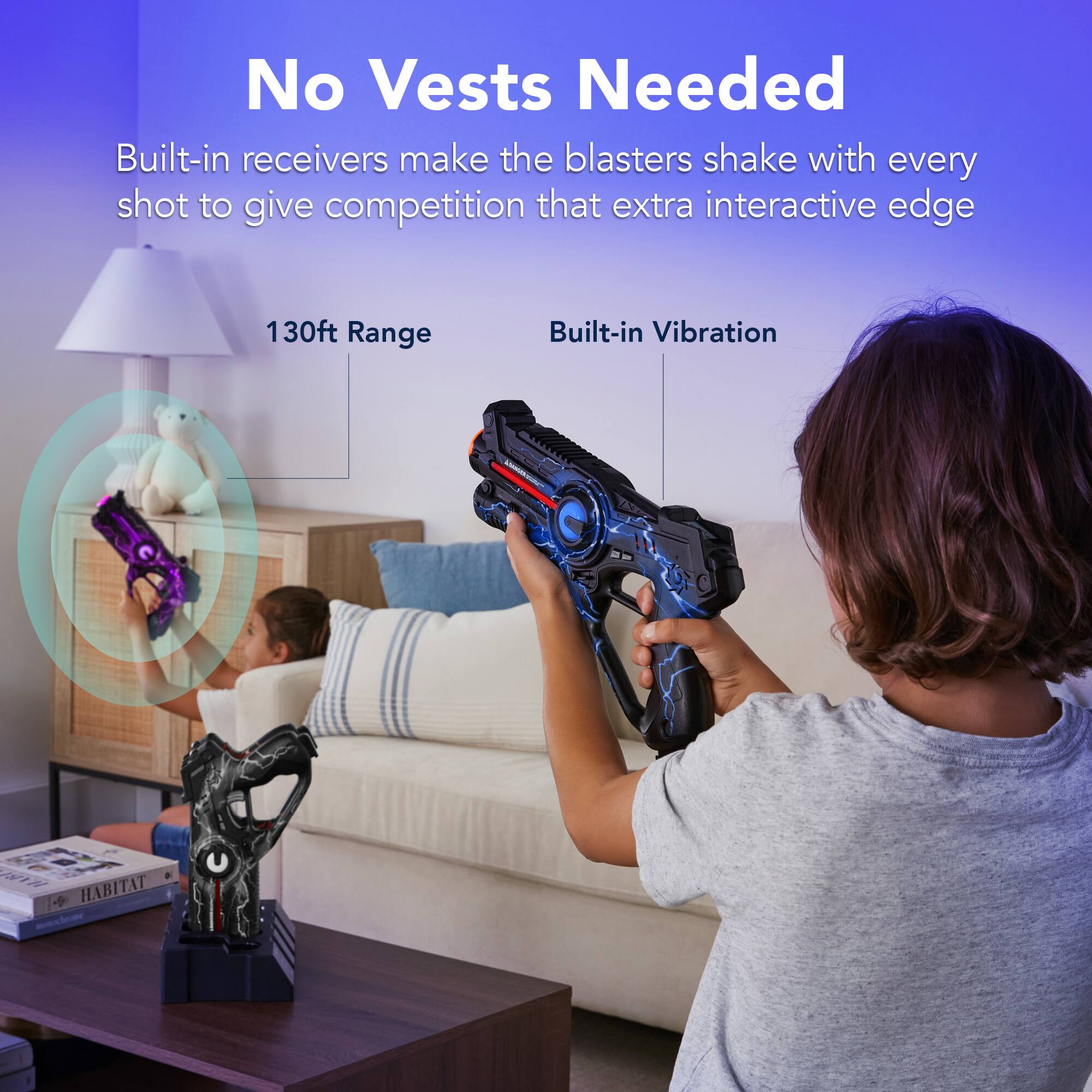 No Vests Needed  
Built-in receivers make the blasters shake with every shot to give competition that extra interactive edge  
130ft Range  
Built-in Vibration