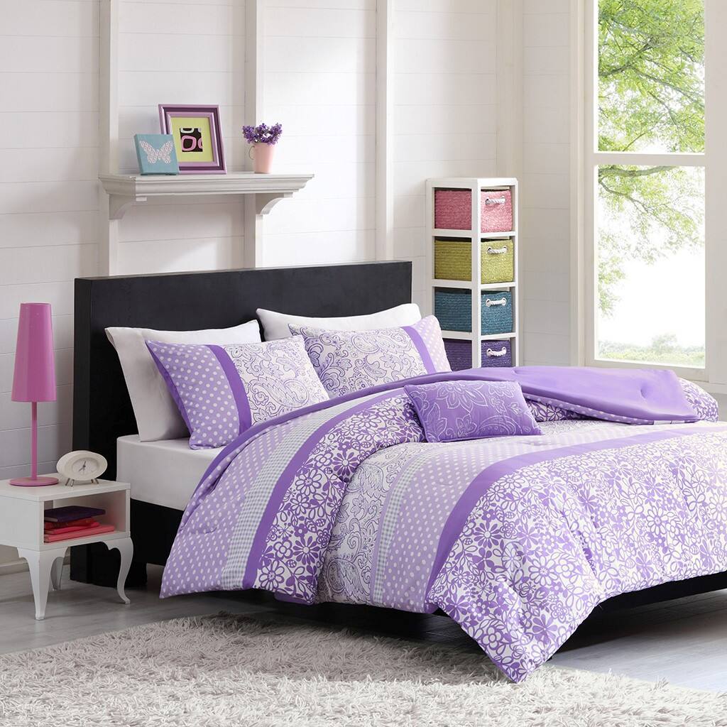 Alt View 3. Gracie Mills - Gracie Mills Lilibeth Striped motif of Floral Paisley and Polka dots Printed Comforter Set - Purple.